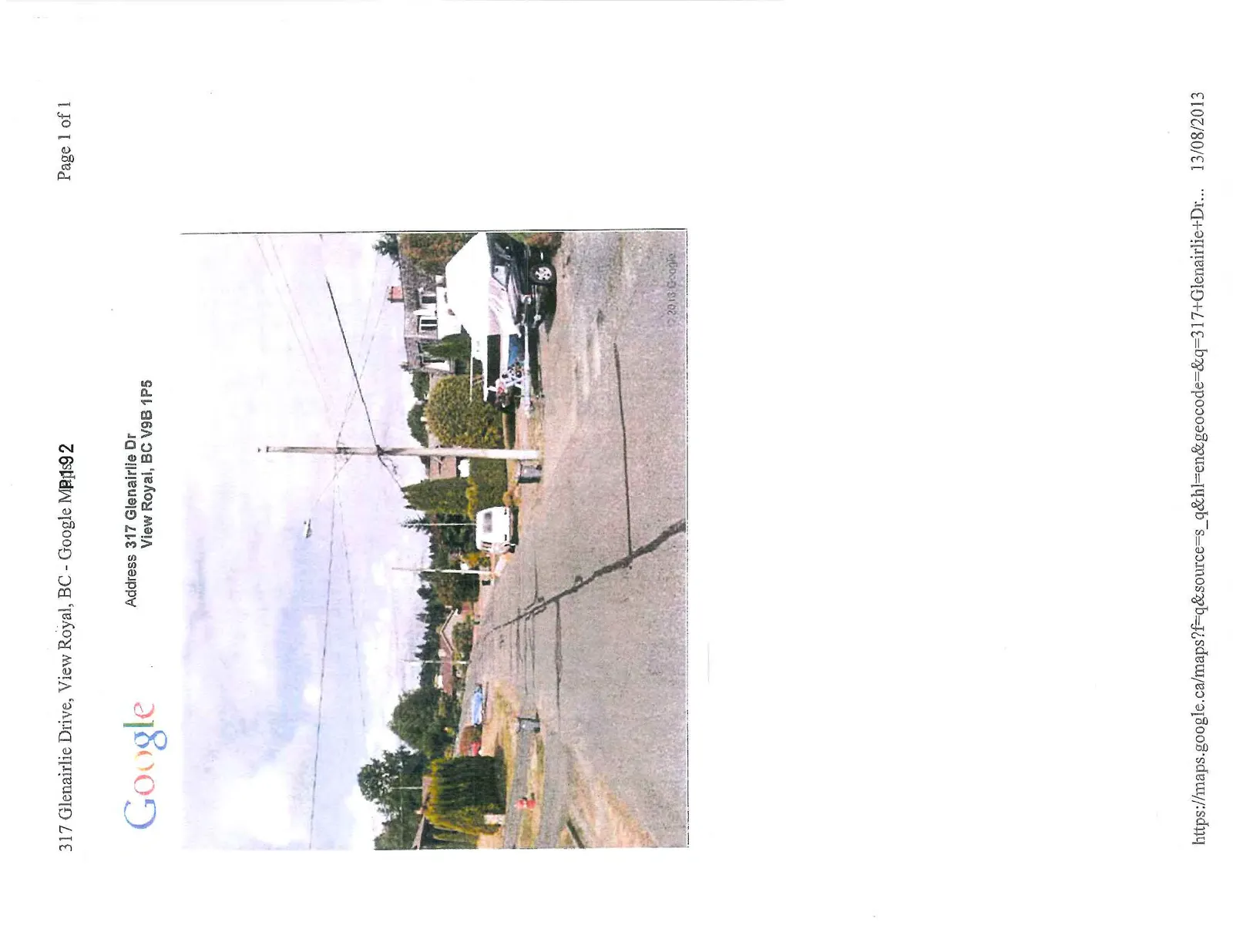 Google Maps street view photo of 317 Glenairlie Drive showing a residential street with wide gravel shoulders and parked vehicles, dated 13/08/2013.