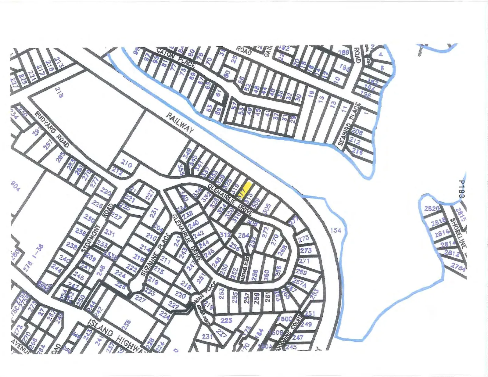 Property map of the Glenairlie Drive area with lot 317 highlighted.