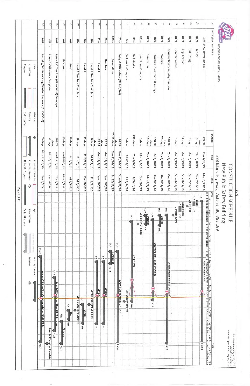 Construction schedule table and Gantt chart showing the project timeline from July 2013 through June 2014, including milestones for mobilization, demolition, and foundational work for the Entry & Office Area.