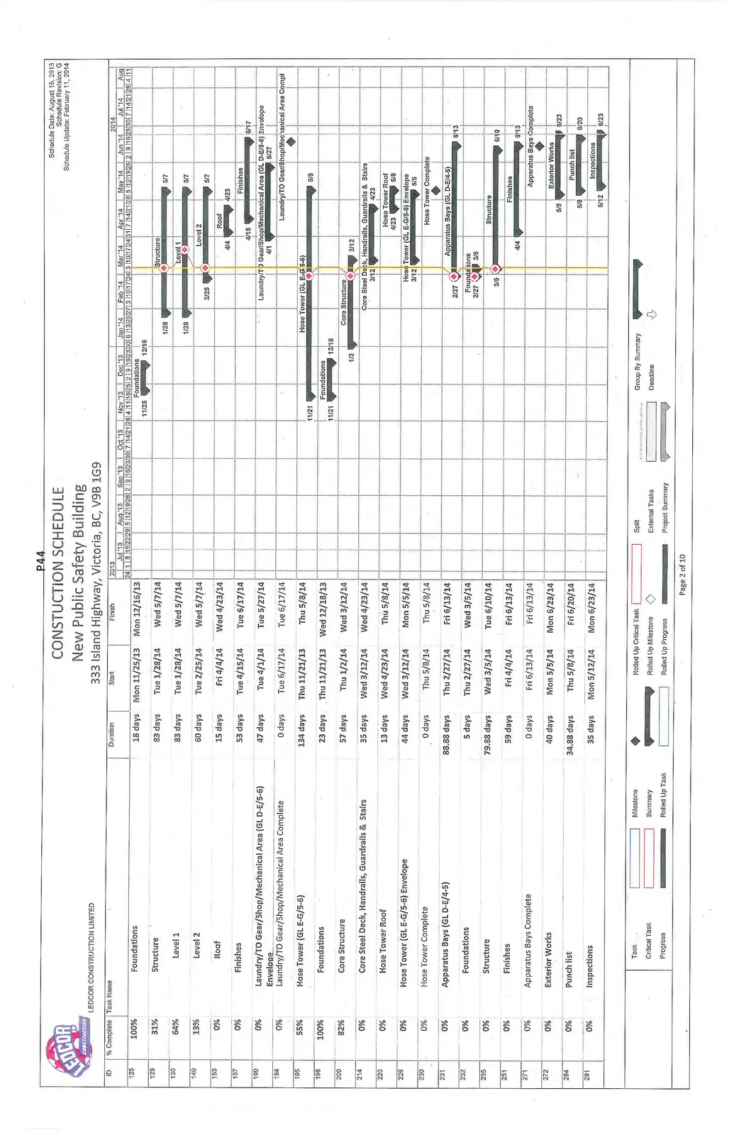 Construction schedule table and Gantt chart continuing the timeline, detailing structural work for Level 1, Level 2, the Hose Tower, and Apparatus Bays through project completion in June 2014.