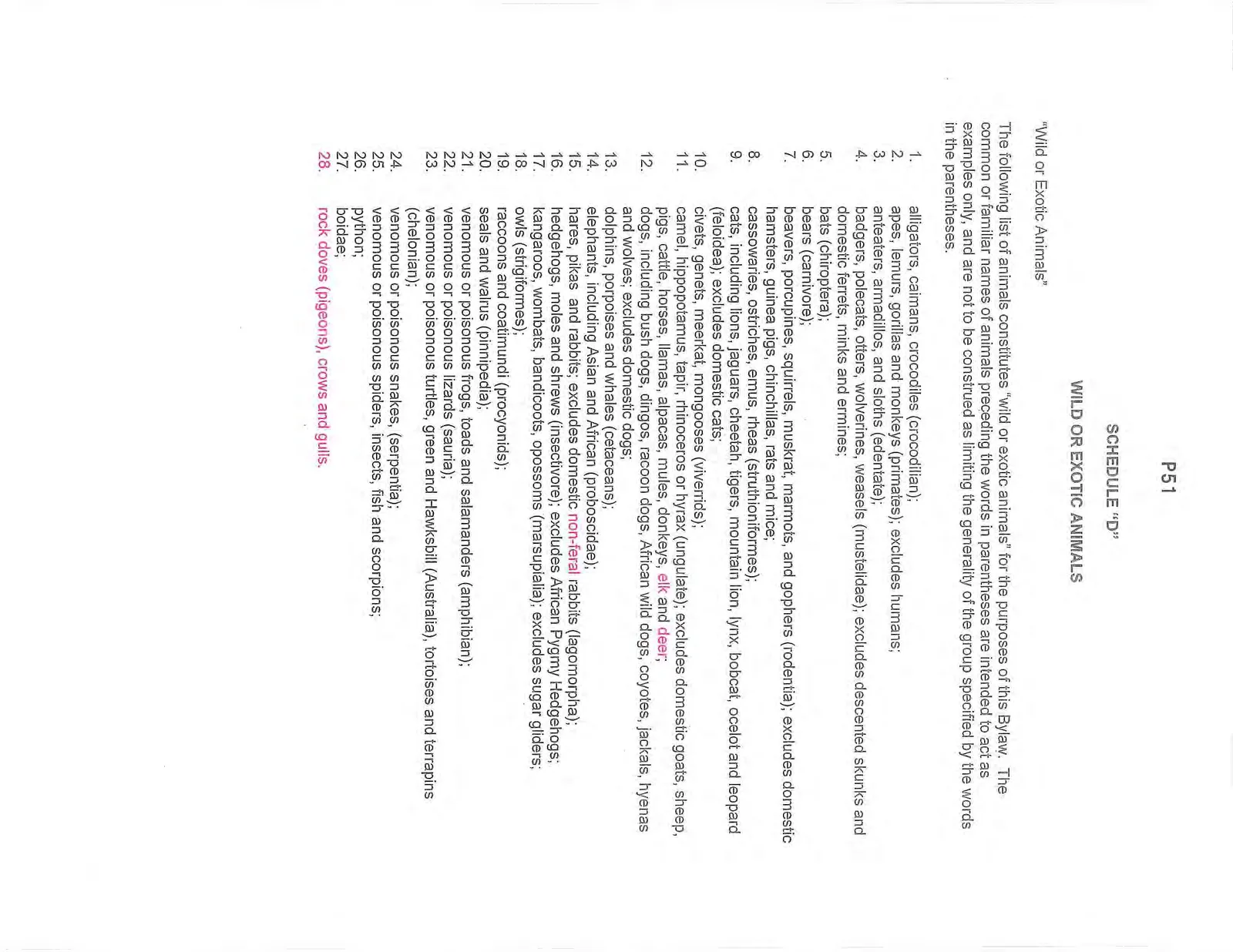 Schedule "D" listing wild or exotic animals categorized by common names and scientific groups