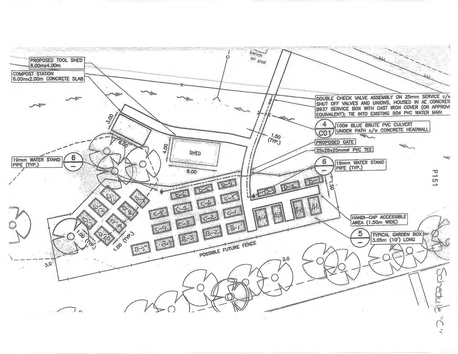 Site plan for View Royal Park Community Garden Plots featuring layouts for various garden plot sizes (A, B, C, D series), a tool shed, compost station, shed, and utility details.