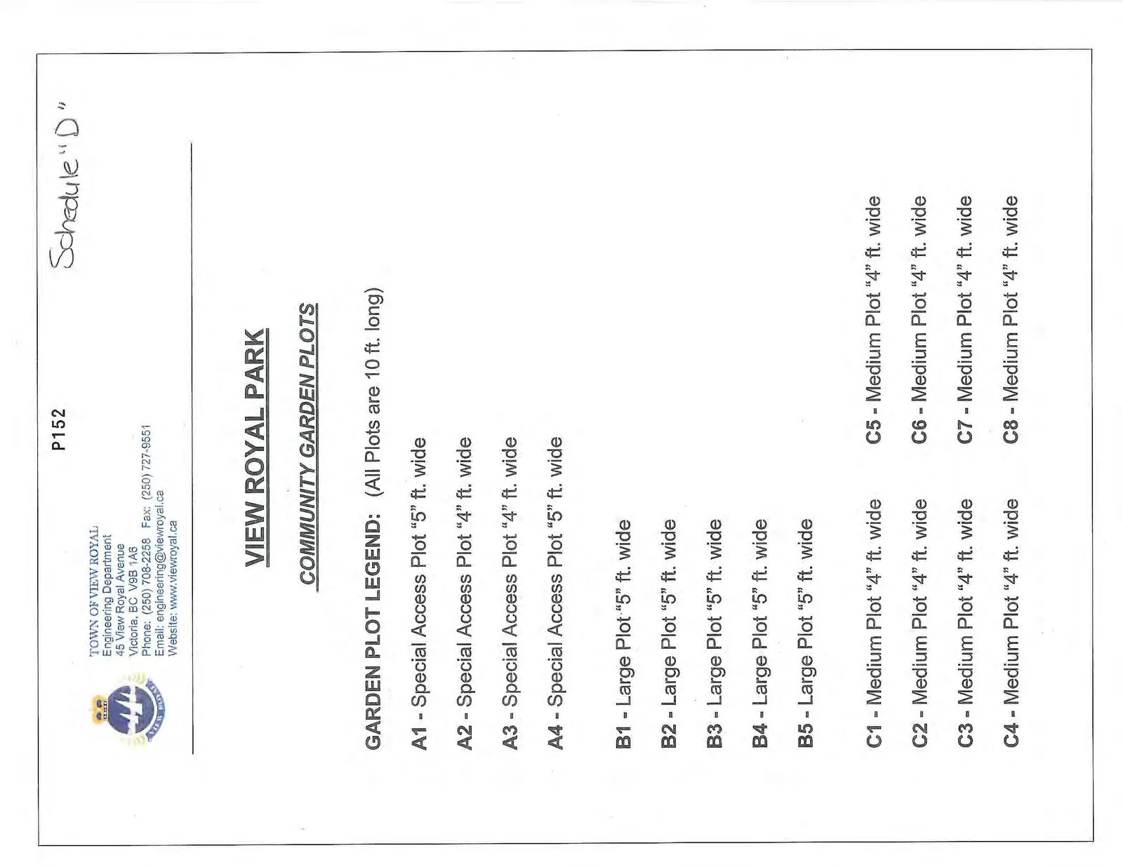 Legend for garden plots detailing Special Access (A series), Large (B series), and Medium (C series) plot dimensions.