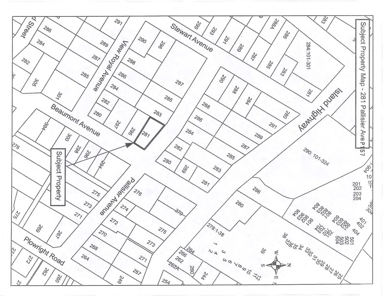 Cadastral map showing property boundaries and house numbers for the area surrounding 281 Pallisier Ave, including Island Highway, Stewart Avenue, View Royal Avenue, Beaumont Avenue, Pallisier Avenue, and Plowright Road.