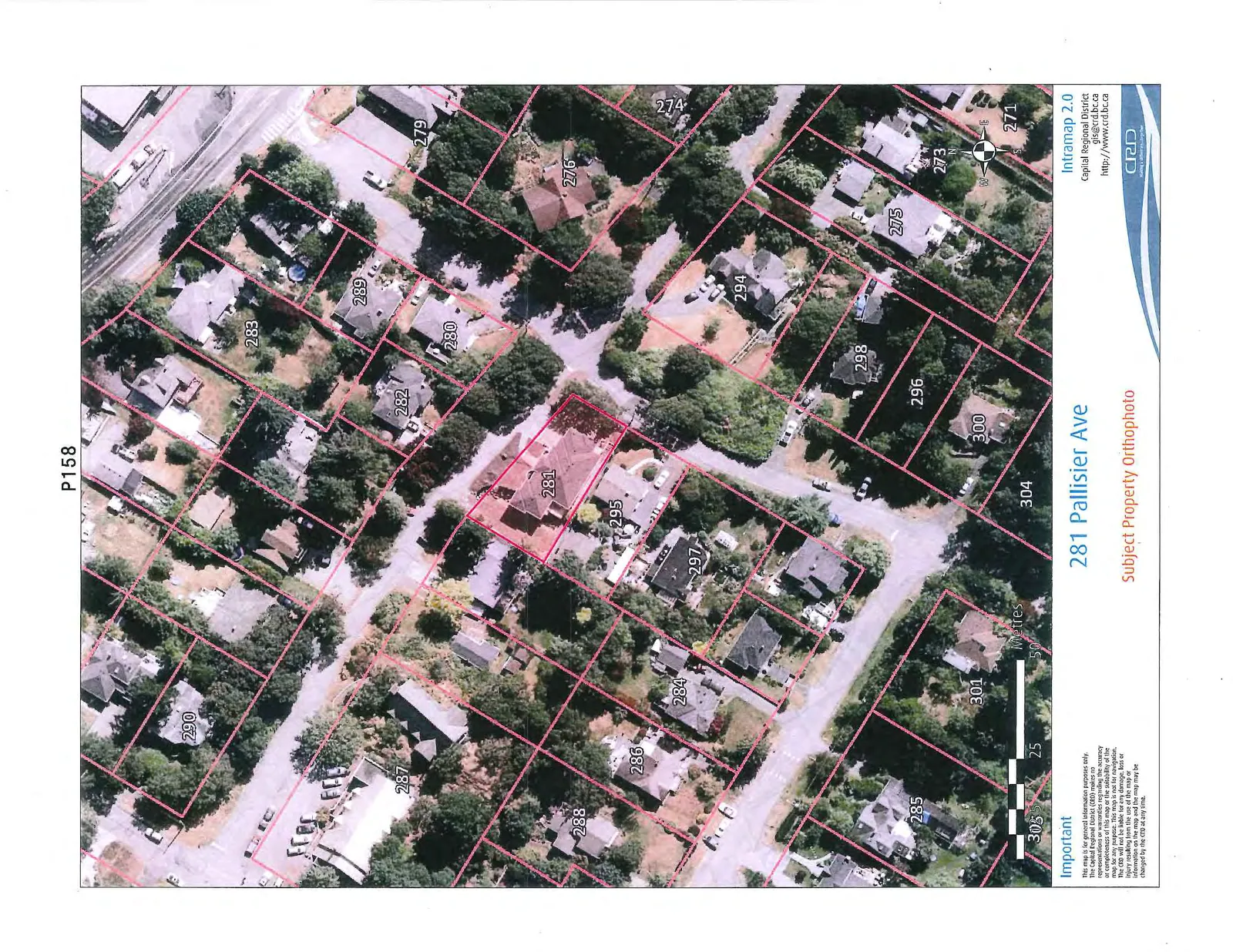Aerial photograph with red property boundary overlays for 281 Pallisier Ave and surrounding lots, including a scale bar in metres and a compass rose.