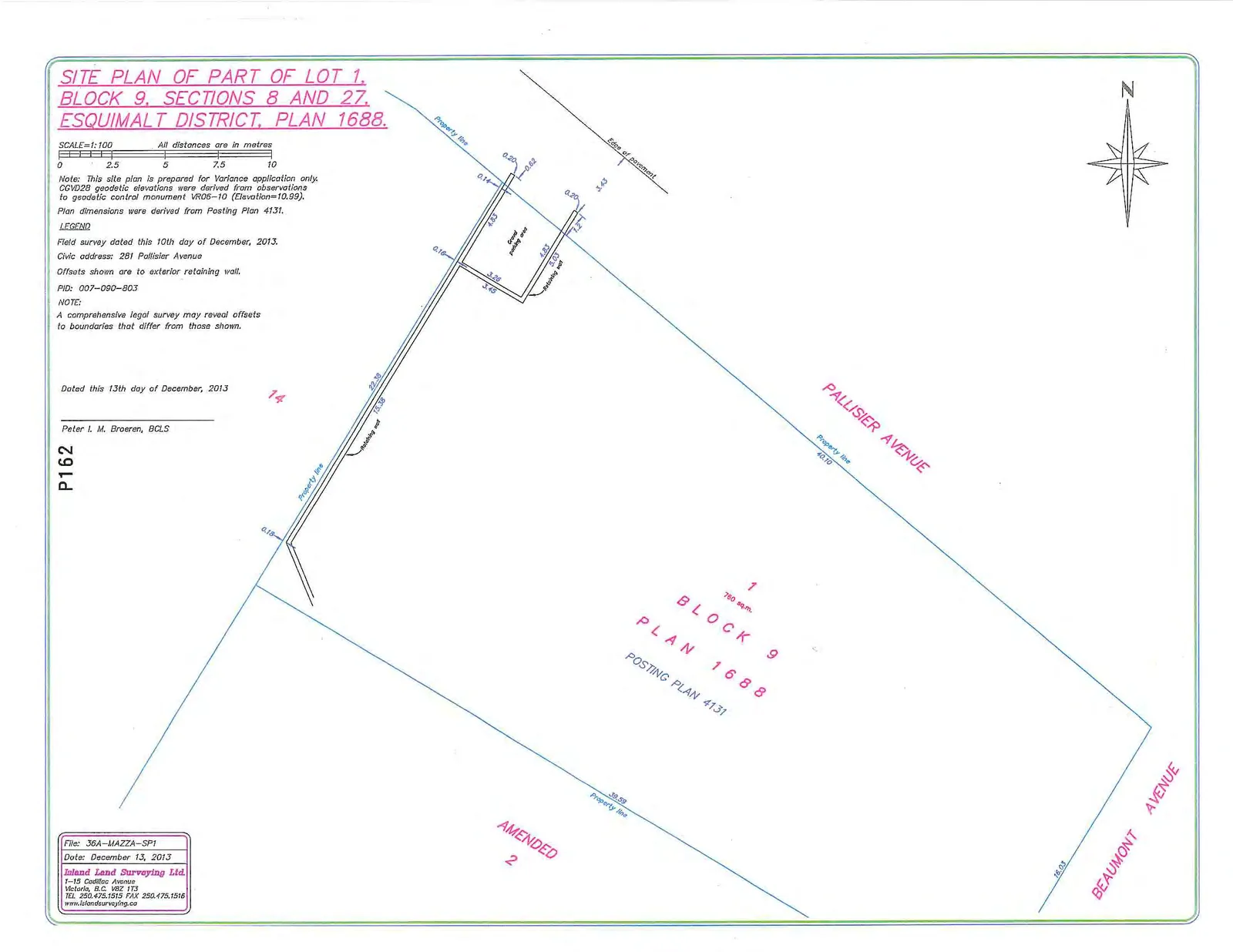 Site plan overview showing property boundaries, gravel parking area, retaining walls, and adjacent streets Pallisier Avenue and Beaumont Avenue.