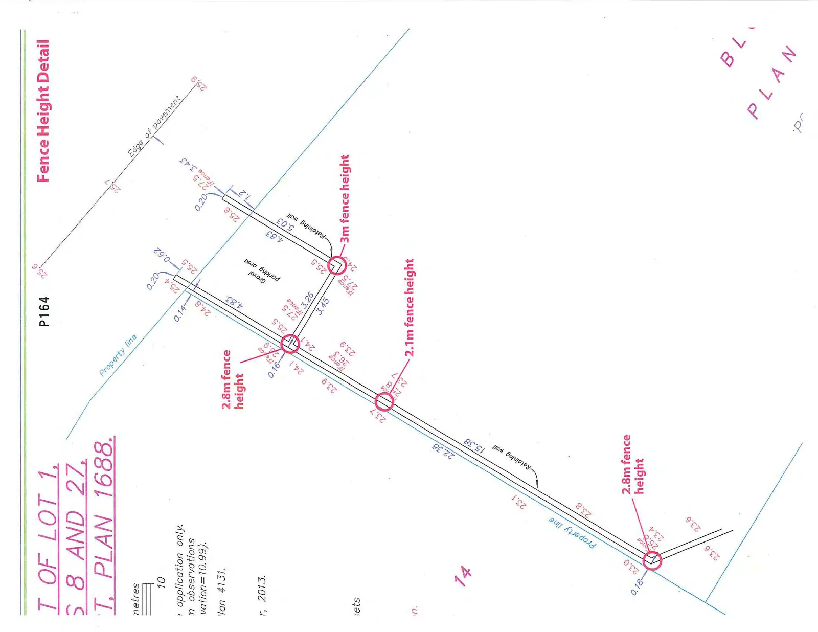 Enlarged detail view of the western property line and gravel parking area highlighting specific variance locations and fence heights.