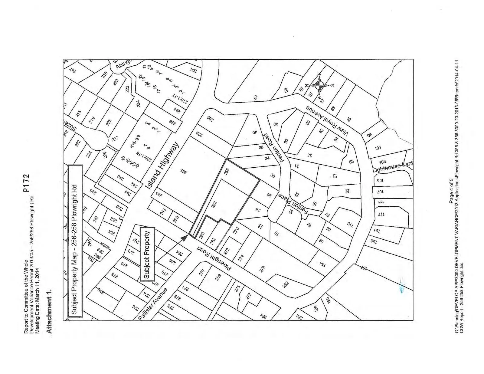 Subject Property Map - 256-258 Plowright Rd showing property boundaries and lot numbers for the area including Island Highway, Plowright Road, Pallisier Avenue, and Fenton Road.