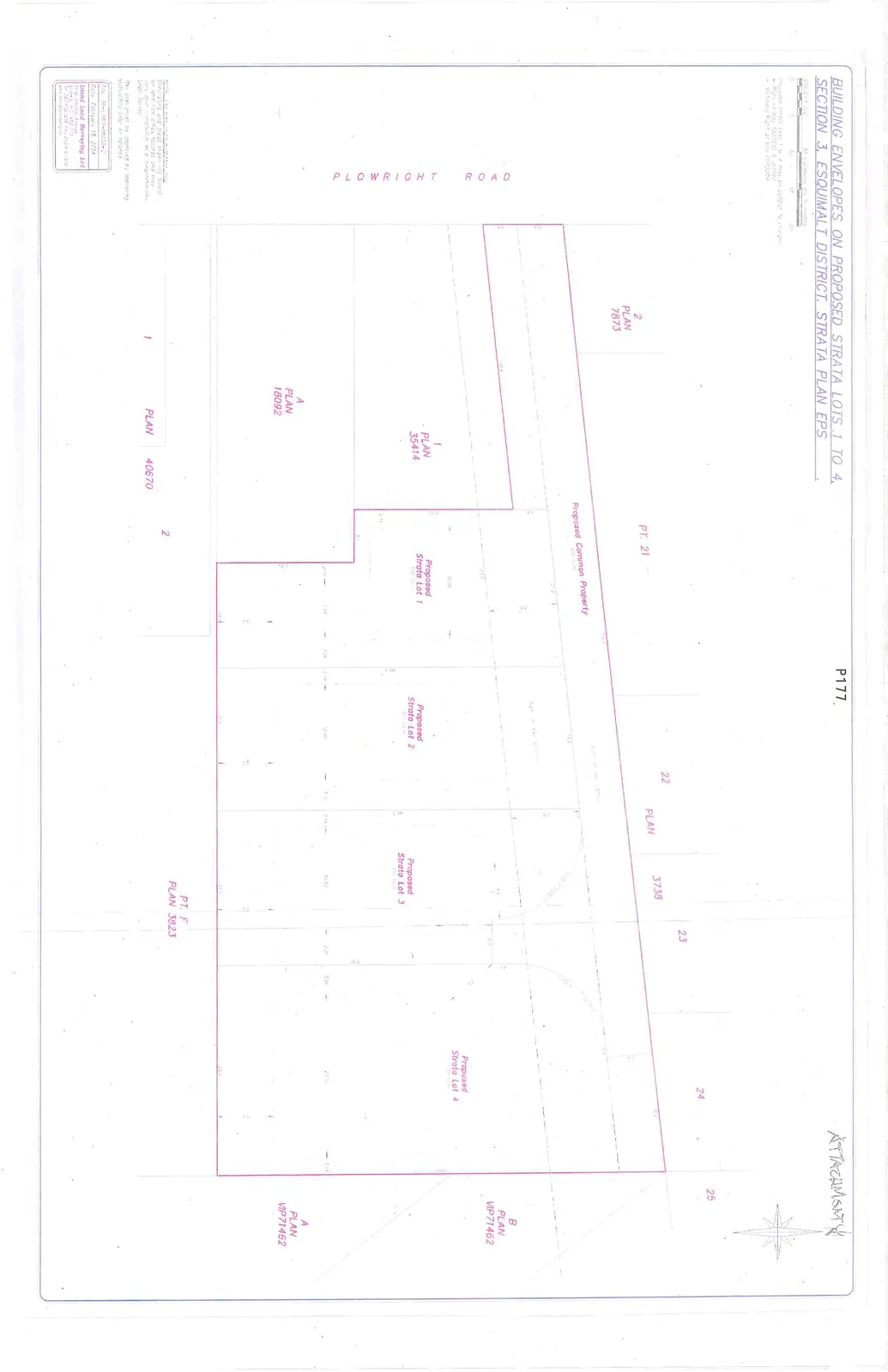 Site plan showing proposed building envelopes for strata lots 1 through 4, identifying proposed common property, adjacent plan boundaries (Plan 3738, Plan 7873, Plan 35414, Plan 18092, Plan 40670, Plan 3823, Plan VIP71462), and Plowright Road.