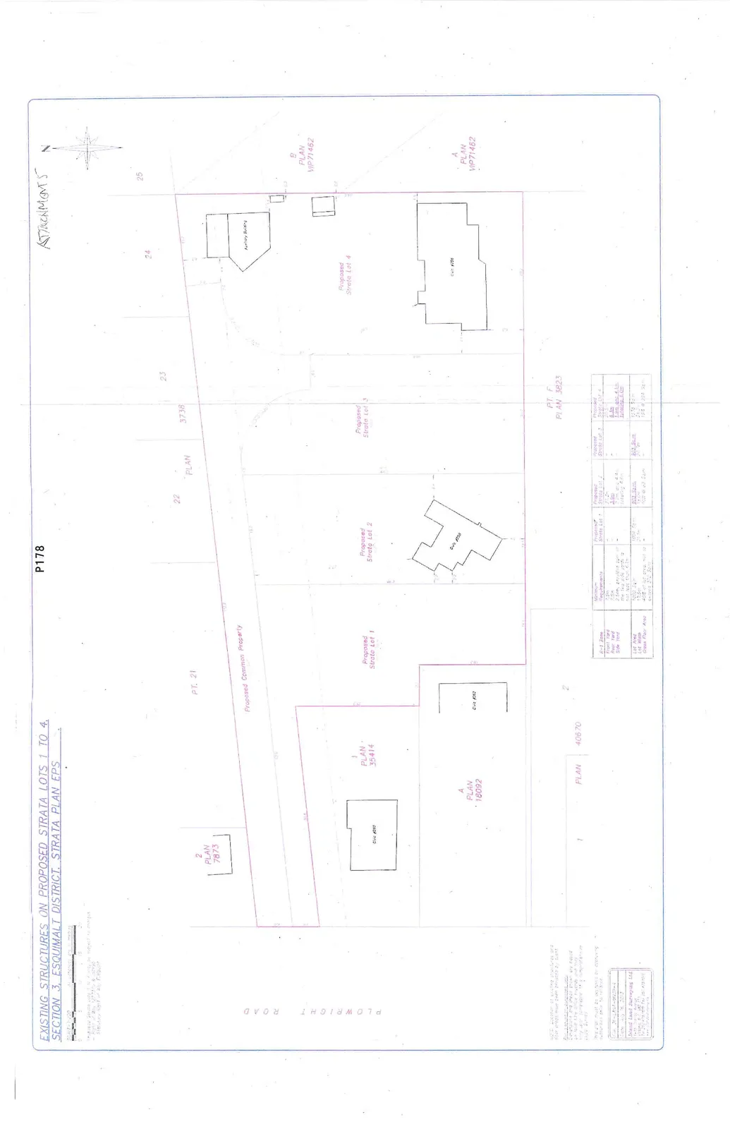 Site plan detailing existing structures on the proposed strata lots, including building footprints for Civic #260, #262, #258, #256, and an auxiliary building.