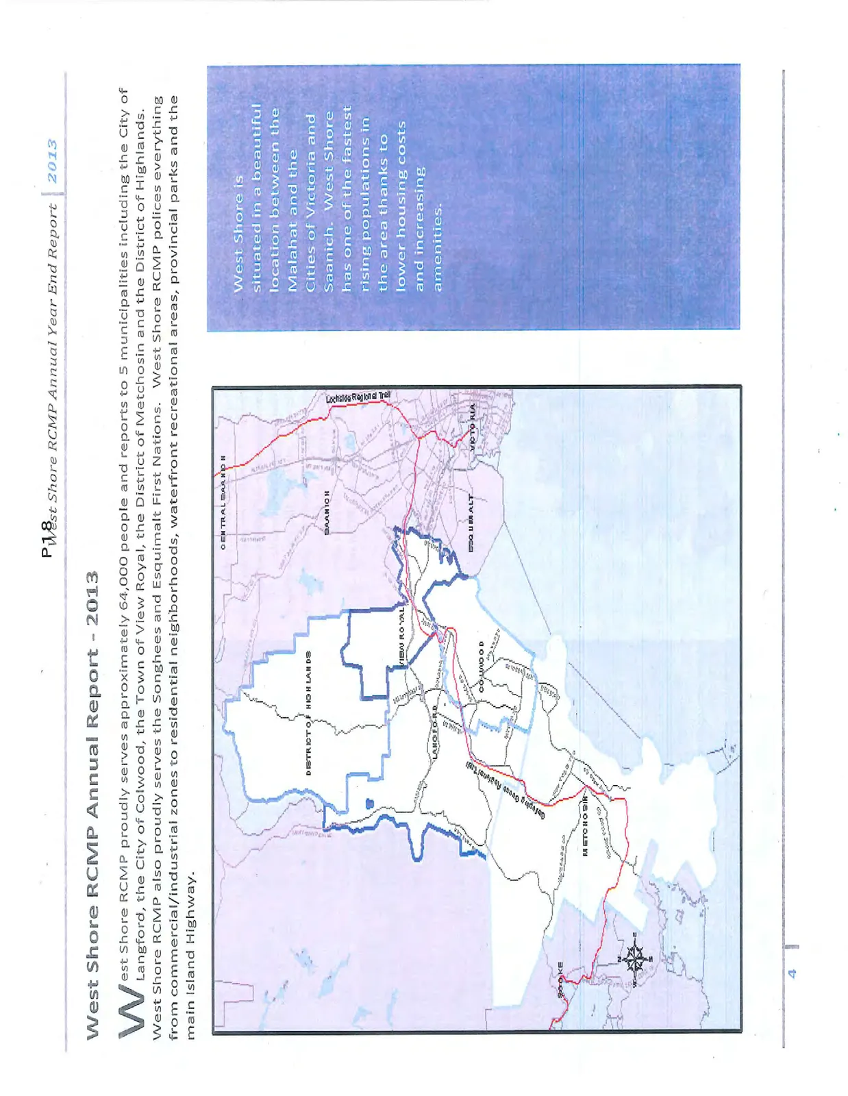 Map showing the West Shore RCMP jurisdiction areas including Highlands, Langford, View Royal, Colwood, and Metchosin.