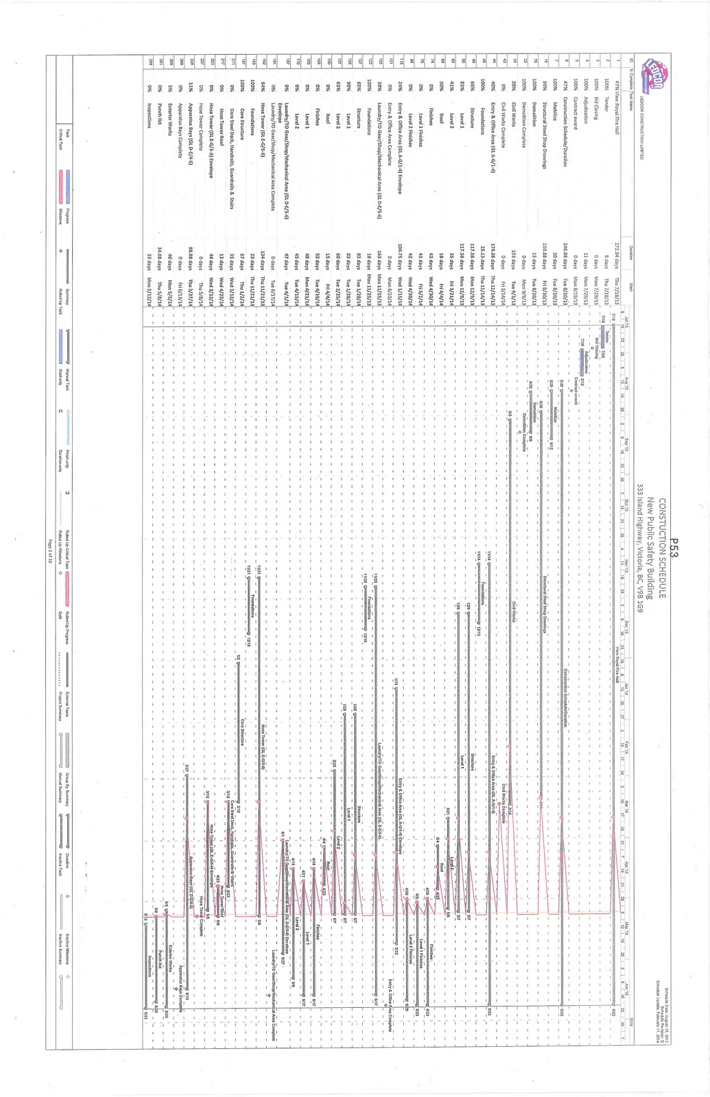 Detailed construction Gantt chart for the New Public Safety Building project showing task timelines from July 2013 through June 2014.