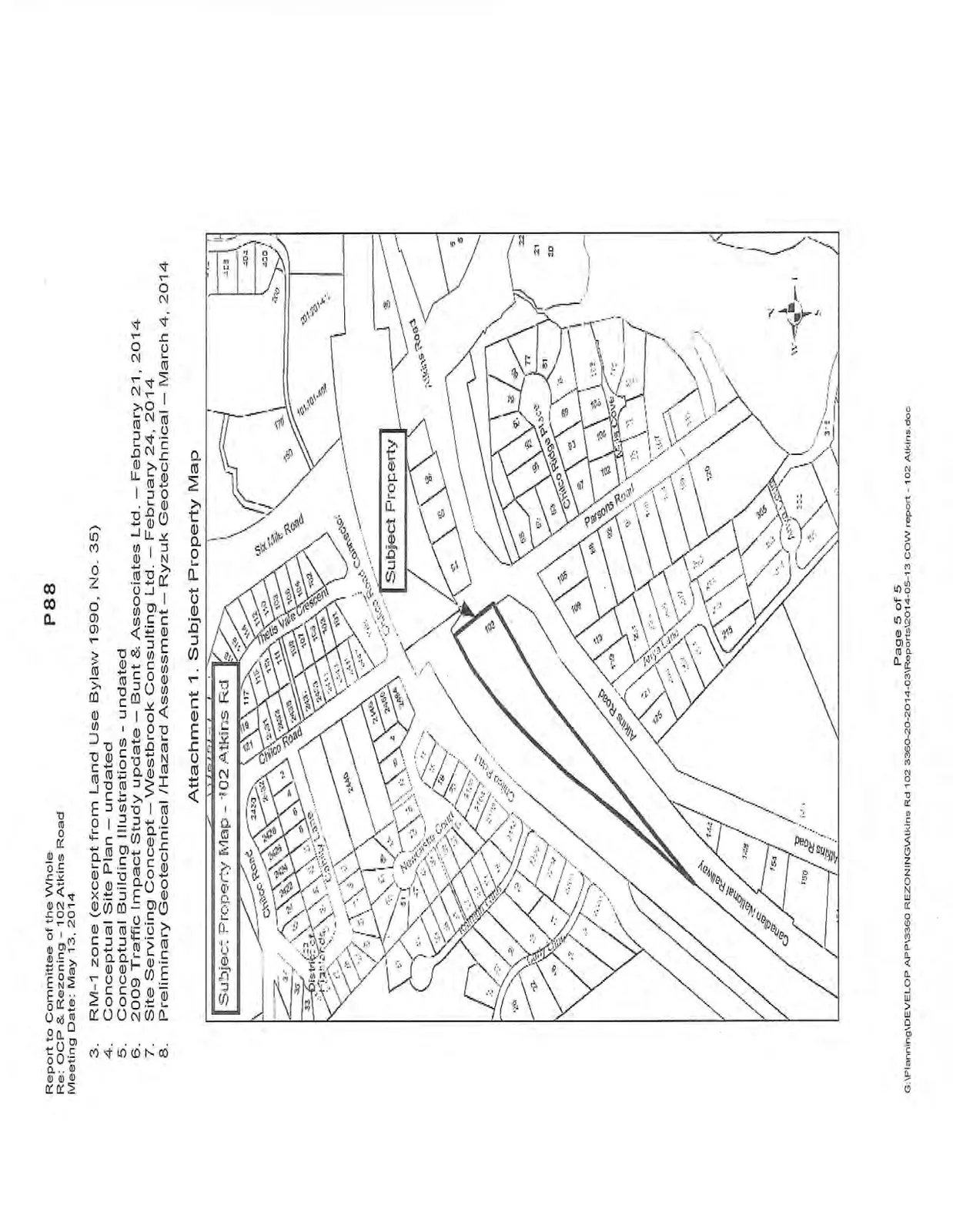 Subject Property Map for 102 Atkins Rd, illustrating the location of the subject property in relation to surrounding streets including Chilco Road, Six Mile Road, Atkins Road, and the Canadian National Railway line.