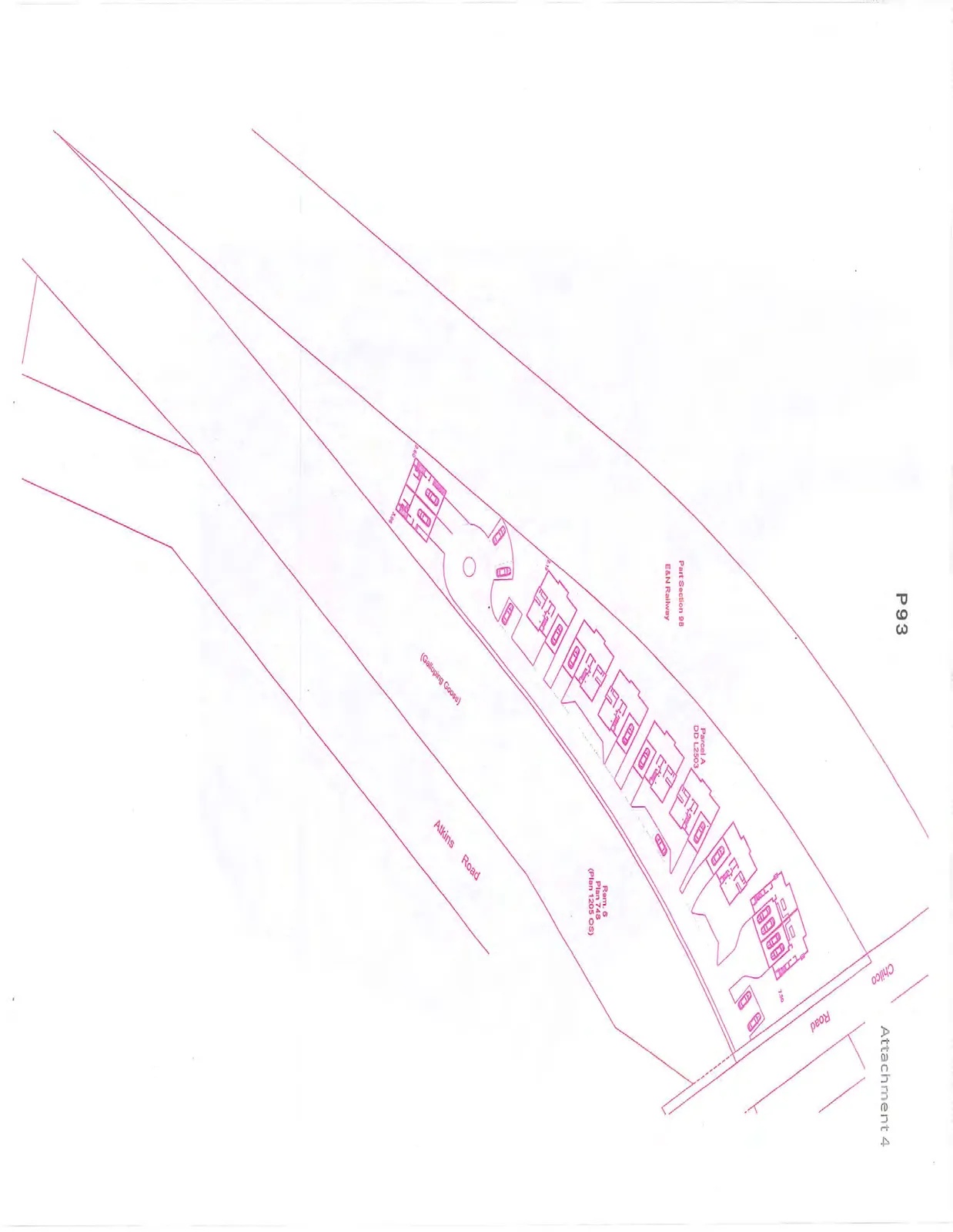 Site plan of a residential development showing building footprints and property boundaries. The site is located between the E&N Railway (Part Section 98) and the Galloping Goose trail. The plan features a cul-de-sac serving multiple residential units. Adjacent landmarks and roads include Chilco Road, Atkins Road, Parcel A (DD L2503), and Rem. 6 Plan 748 (Plan 1205 OS).