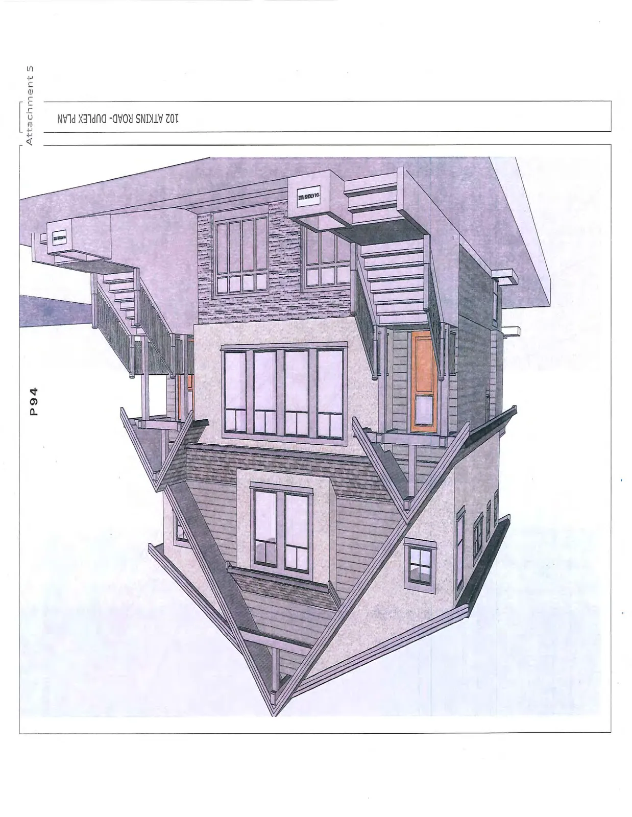 Architectural rendering showing a perspective view of the duplex exterior.