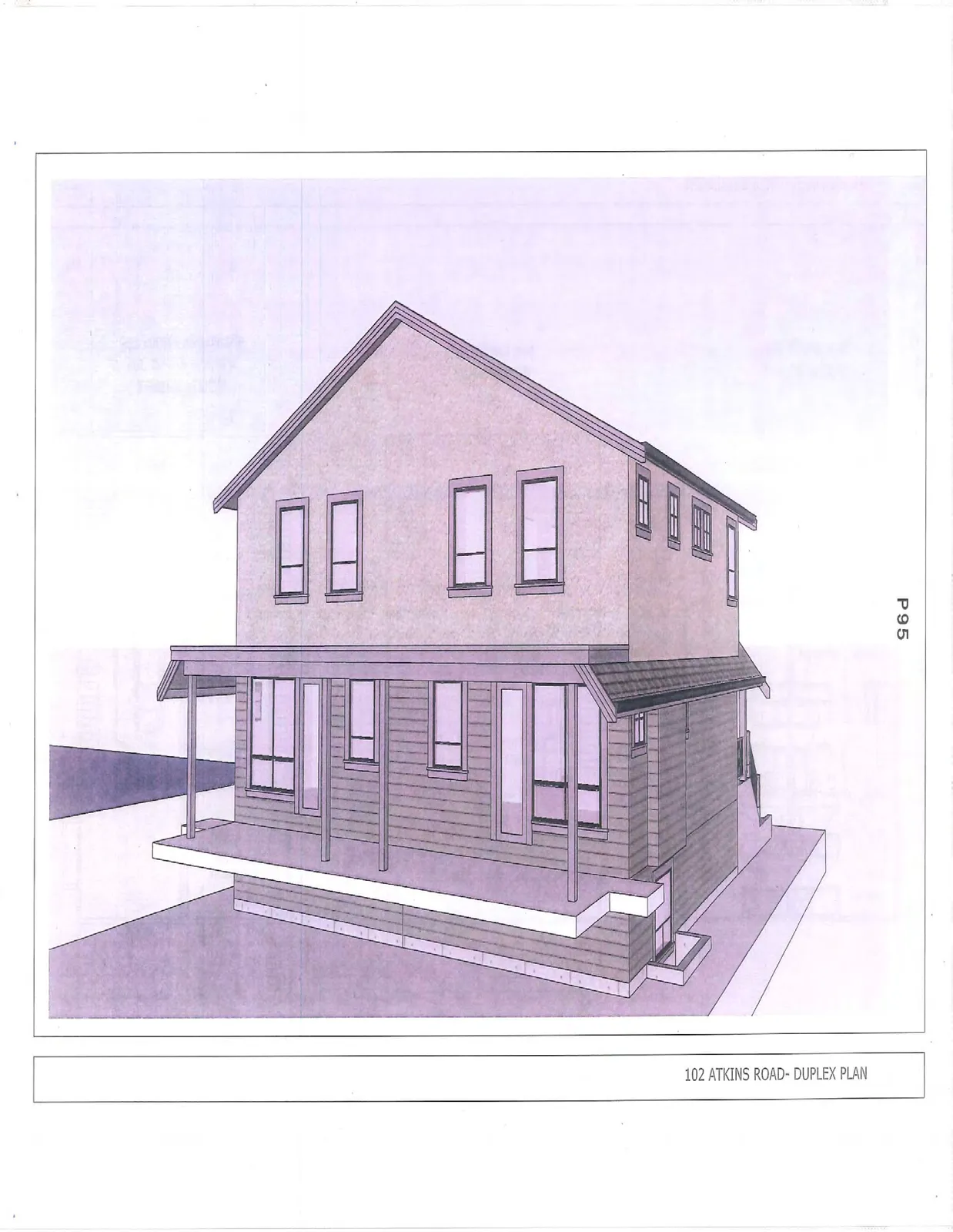 Architectural rendering showing a perspective view of the duplex exterior from a different angle.