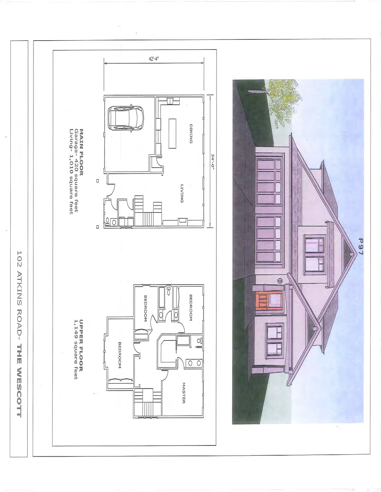 Front rendering and floor plans for "The Wescott" residence.