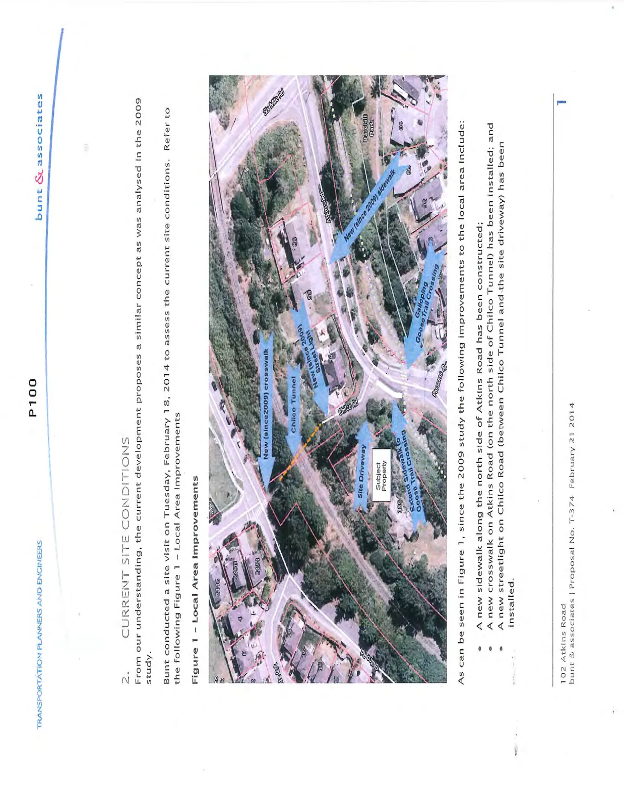 Aerial map labeled "Local Area Improvements" showing the subject property, site driveway, Chilco Tunnel, and recent infrastructure additions including new sidewalks, crosswalks, and streetlights.