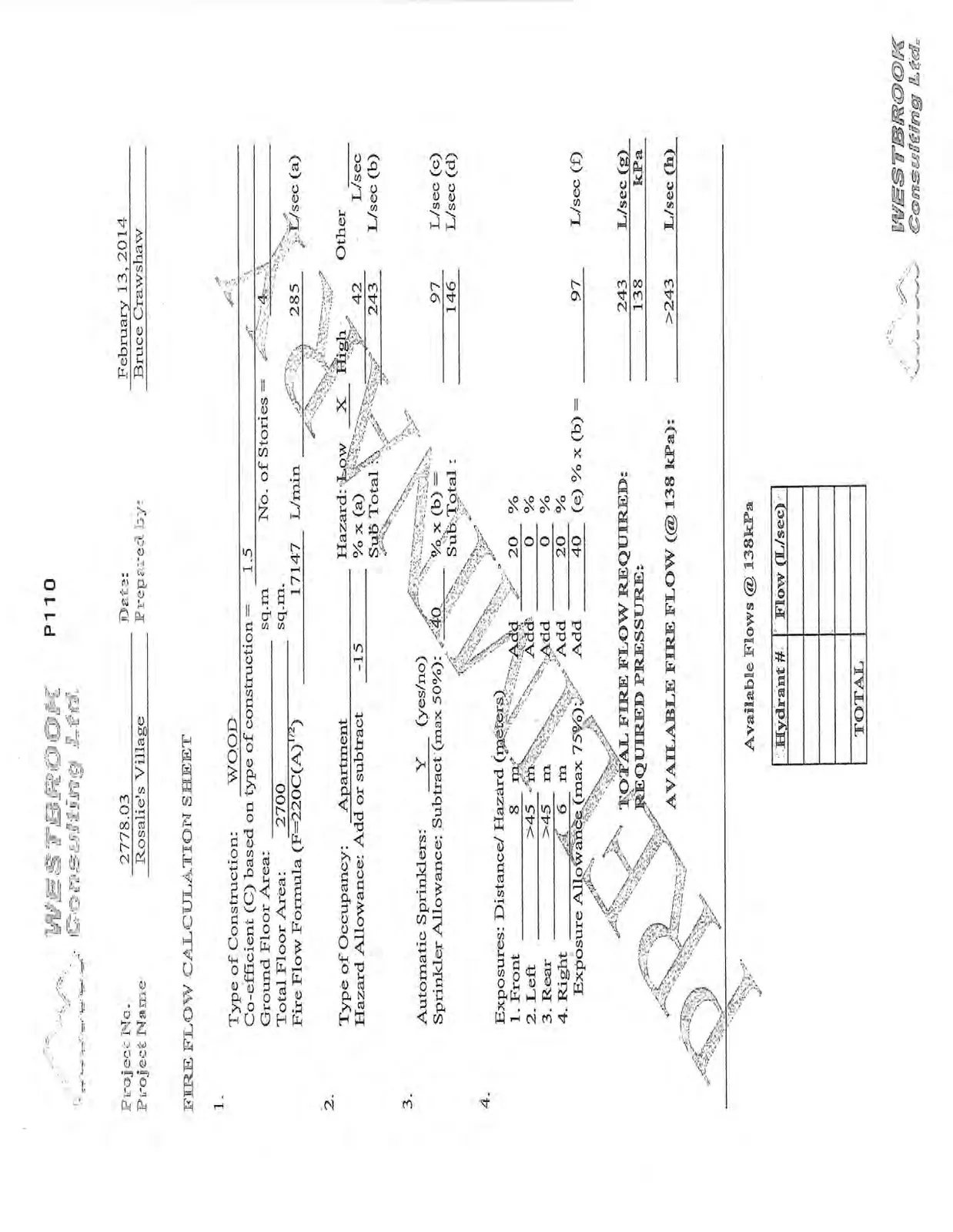 Fire flow calculation sheet for Rosalie's Village project