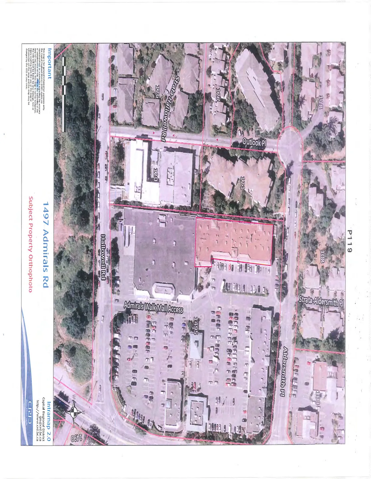 Aerial orthophoto of the subject property at 1497 Admirals Rd, outlined in red, showing surrounding streets including Aldersmith Pl, Hallowell Rd, and Admirals Walk Mall Access.