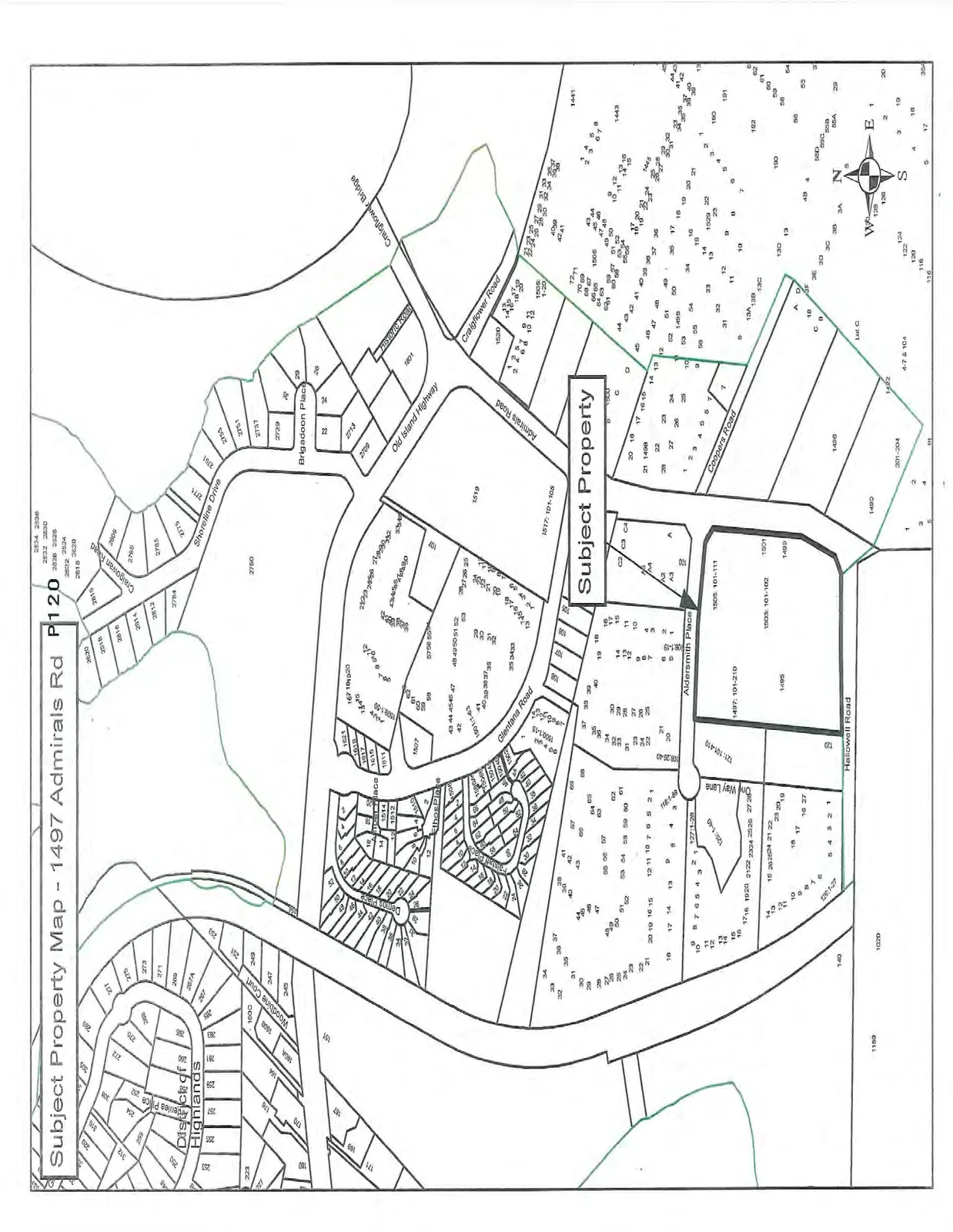 Detailed parcel map of the area surrounding 1497 Admirals Rd, with the "Subject Property" parcel clearly labeled among surrounding streets such as Old Island Highway, Craigflower Road, and Admirals Road.