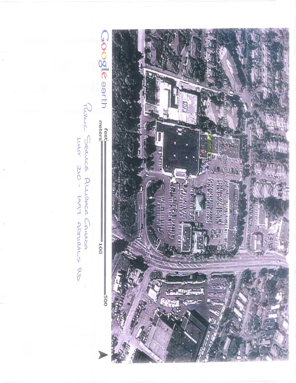 Google Earth satellite image of the 1497 Admirals Rd property, with a specific area highlighted by a green rectangle.
