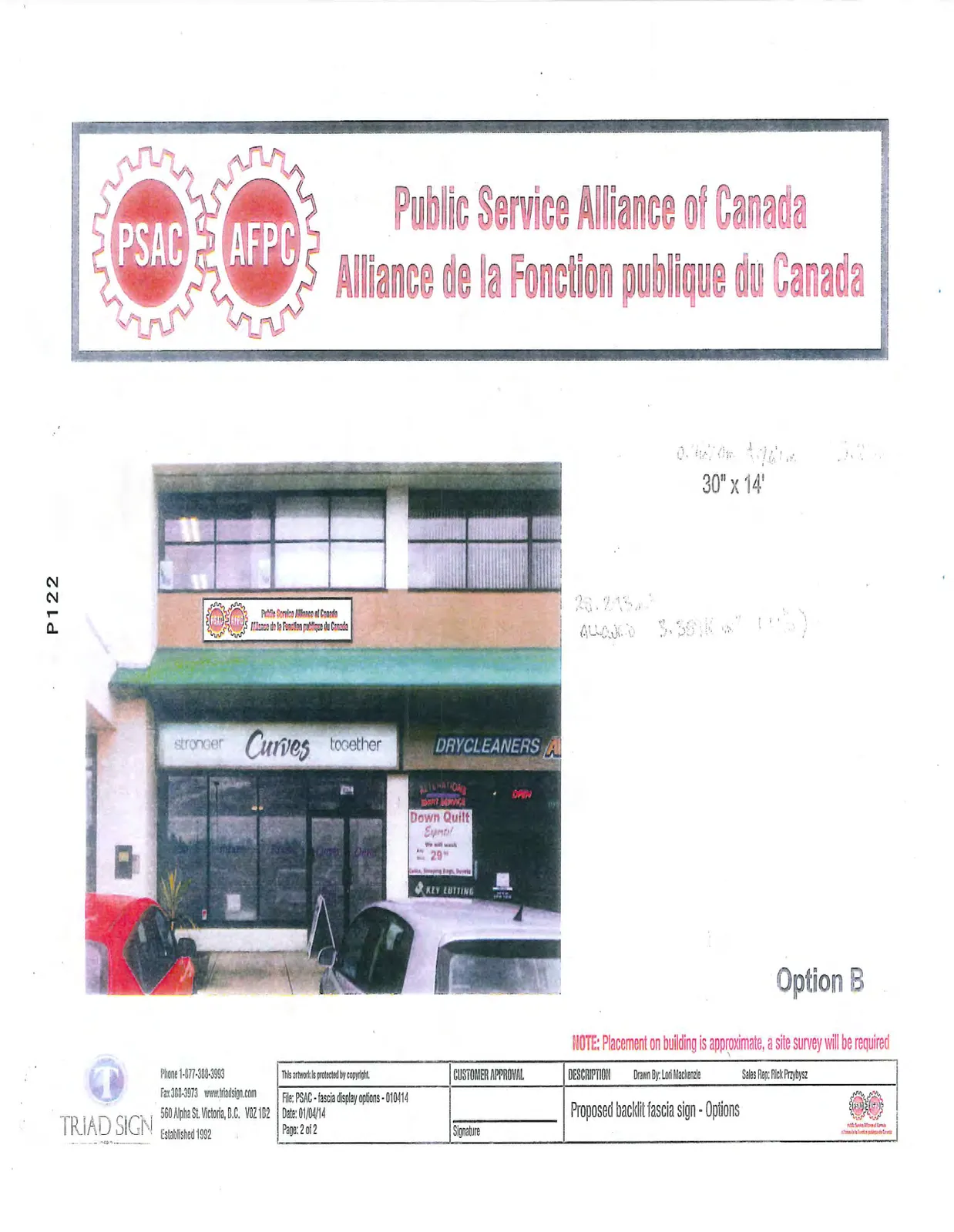 Rendering of a proposed backlit fascia sign for the Public Service Alliance of Canada, positioned on a commercial building above existing "Curves" and "Drycleaners" storefronts.
