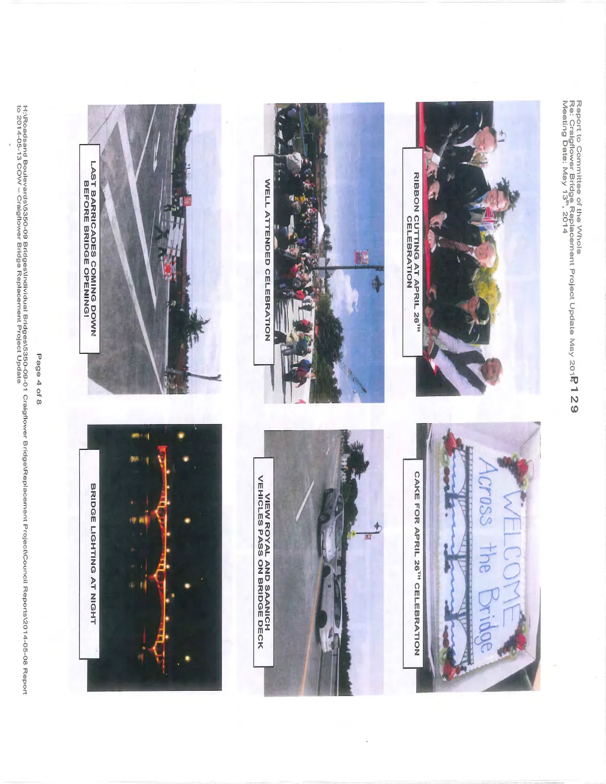 Photo of workers on the ground with the caption "INSTALLING EXPANSION JOINT MATERIAL BETWEEN DECK AND ROADWAY"