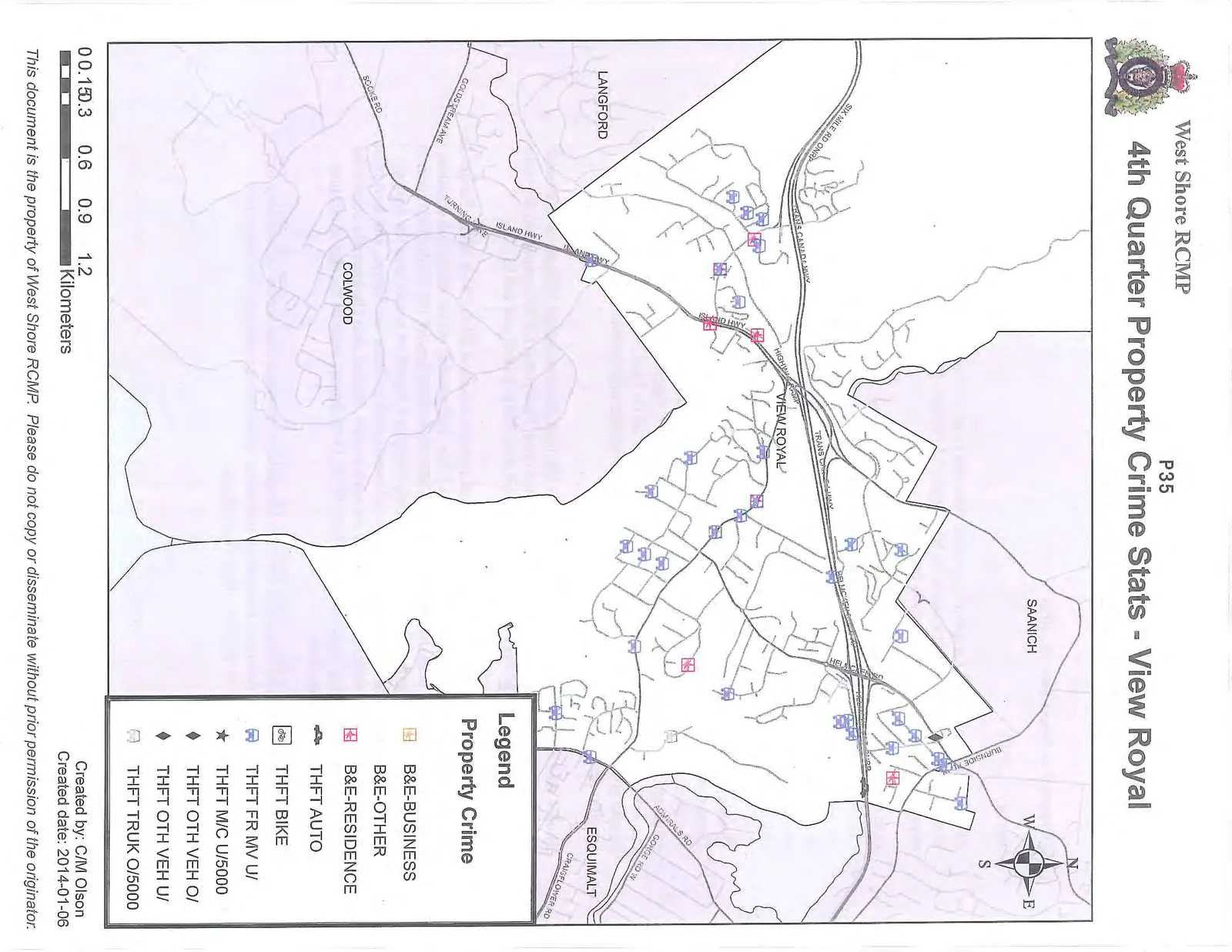 Map of View Royal showing the locations of various property crimes including break and enters and thefts for the 4th quarter.
