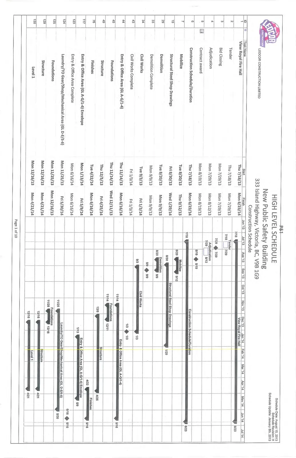 Gantt chart showing the high-level construction schedule from July 2013 to July 2014, including tender, mobilization, demolition, and structural work for the View Royal Fire Hall.