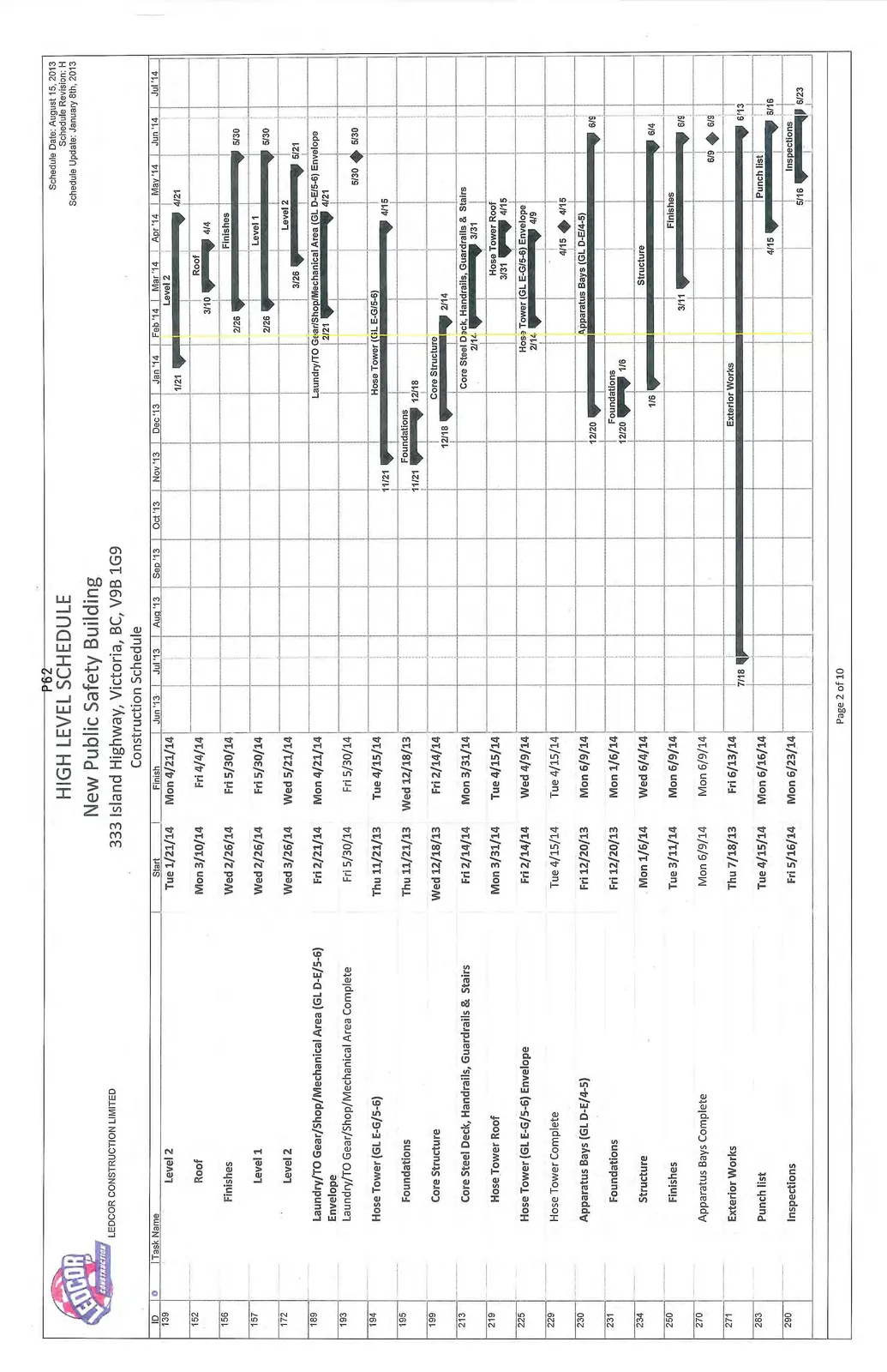Continuation of the Gantt chart showing interior finishes, envelope work, hose tower construction, and final site works.