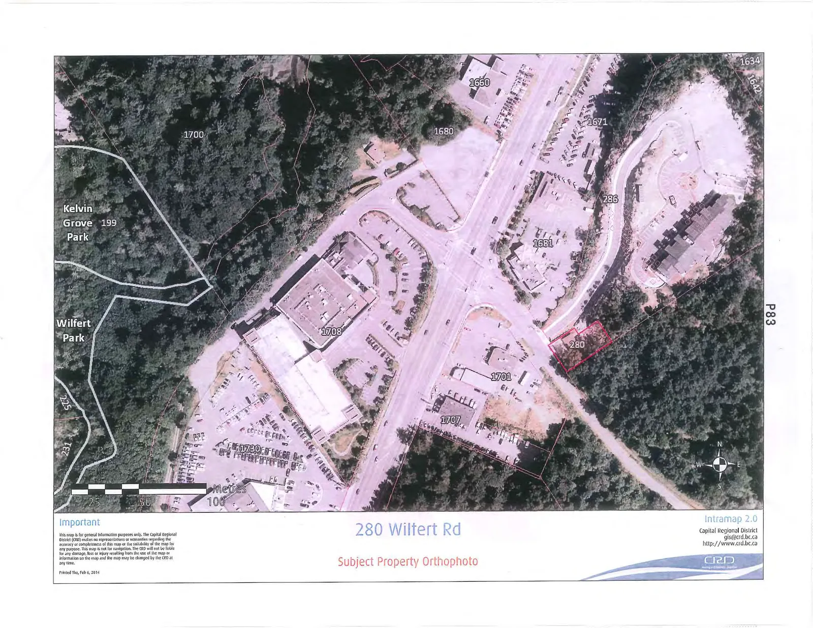 Aerial orthophoto map displaying the subject property at 280 Wiltert Rd, which is highlighted with a red border. The surrounding landscape includes Kelvin Grove Park 199, Wilfert Park, and several commercial or industrial buildings labeled with numbers including 1700, 1680, 1660, 1671, 1634, 1642, 286, 1681, 1708, 1701, and 1707. A scale bar and north arrow are also present.