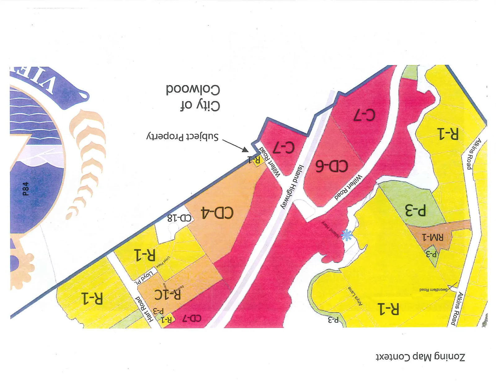 A zoning map context diagram for the City of Colwood, highlighting a Subject Property. The map shows various zoning designations including R-1, R-1C, RM-1, P-3, CD-4, CD-6, CD-7, CD-18, and C-7. The Subject Property is identified as an R-1 zoned lot on Wilfert Road. Nearby streets include Island Highway, Atkins Road, Hart Road, Lloyd Pl., Anya Lane, and Swordfern Road.