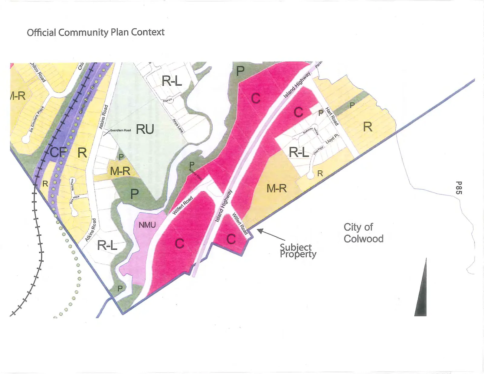 Map showing the Official Community Plan context, including land use designations such as R-L, M-R, C, NMU, RU, P, CF, and R. Key roads identified include Island Highway, Wilfert Road, Atkins Road, Chilco Road, and Hart Road. The Subject Property is indicated near the intersection of Island Highway and Wilfert Road, adjacent to the City of Colwood.