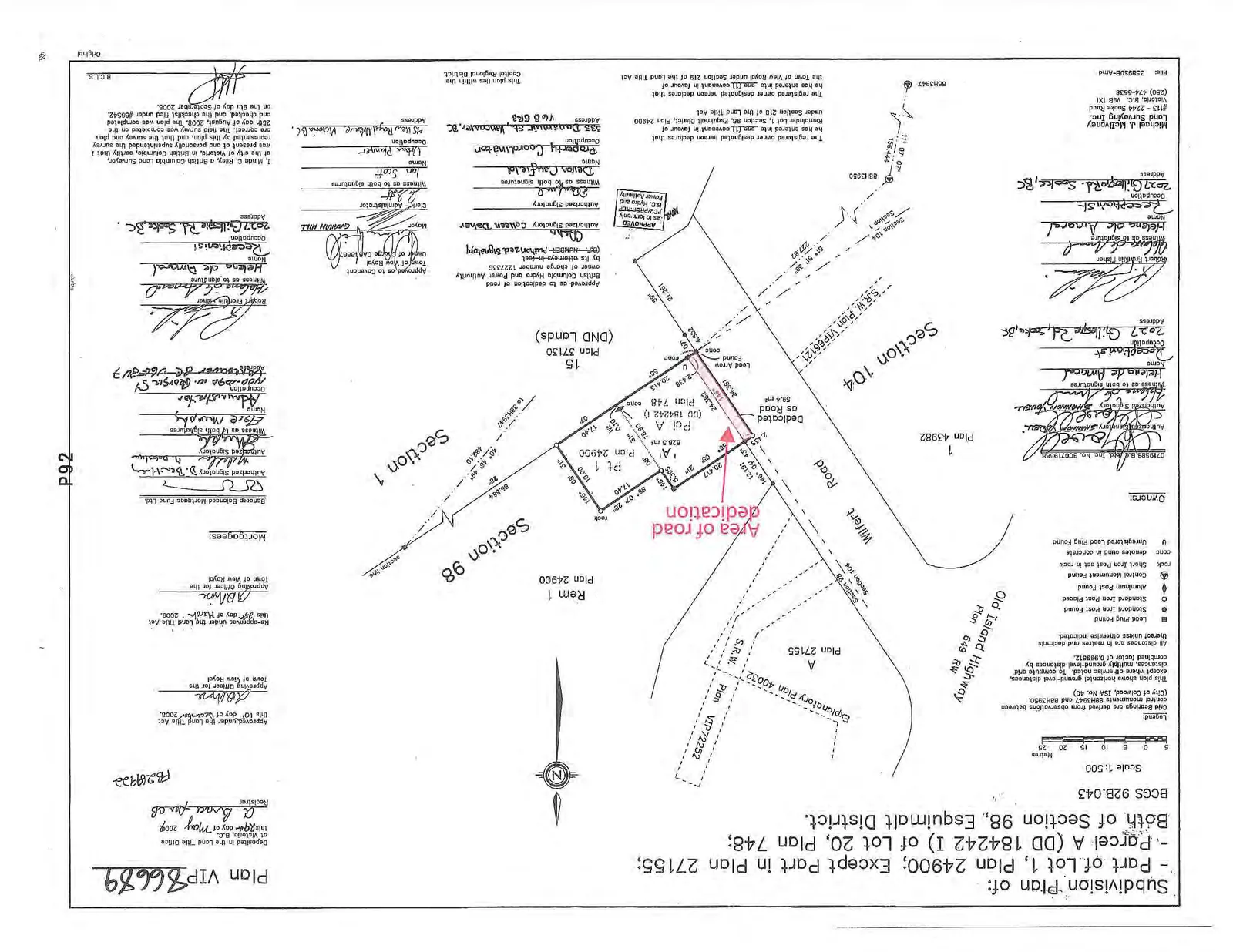 Detailed subdivision plan map showing 'A' (828.5 m²), Rem 1, Pt 1 (Plan 24900), and an "Area of road dedication" (58.4 m²) located between Wilfert Road and Section 98. Surrounding features include Section 104, Section 1, Old Island Highway (Plan 649 RW), and Plan 37130 (DND Lands).