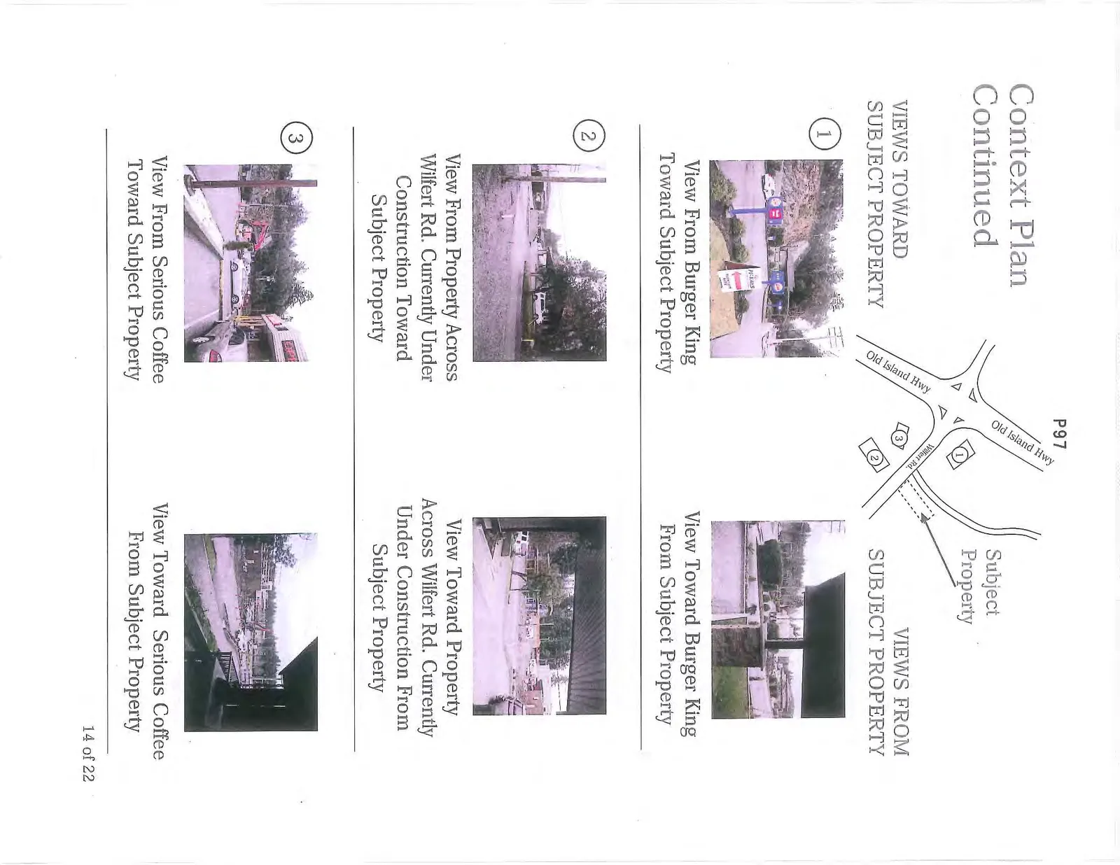 Map diagram labeled P97 showing the intersection of Old Island Hwy and Wilfert Rd., identifying the Subject Property and numbered viewpoint locations 1, 2, and 3.