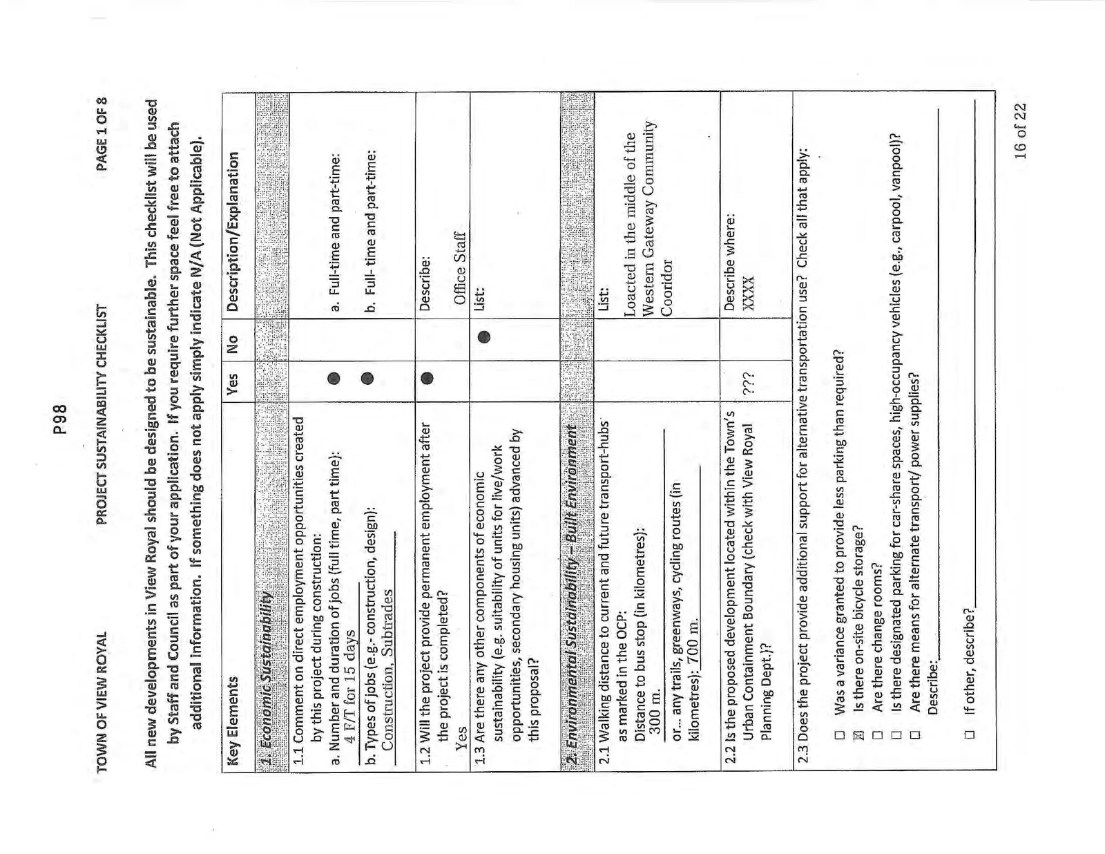 First page of Project Sustainability Checklist covering Economic Sustainability and built environment sections