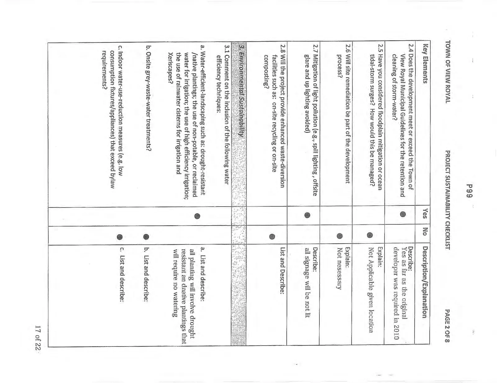 Second page of Project Sustainability Checklist covering storm-water, floodplain, and water efficiency sections