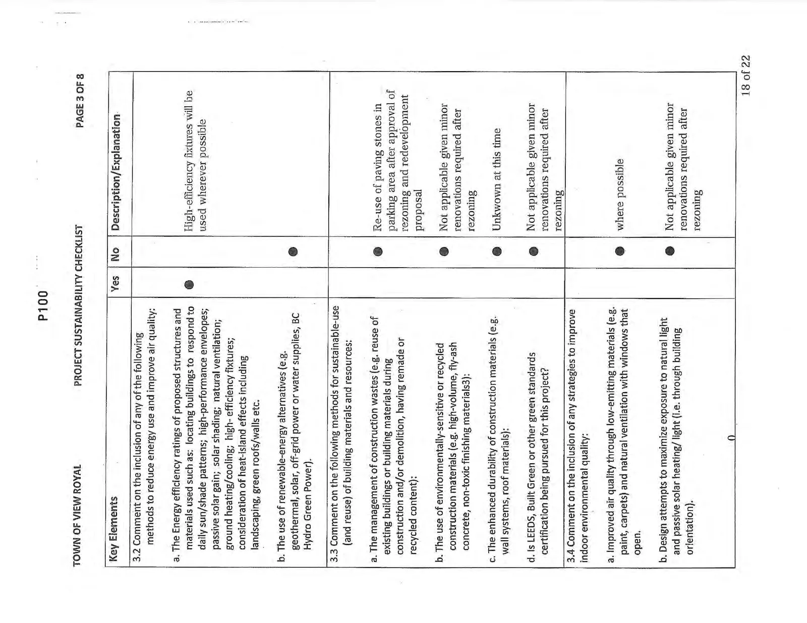 Third page of Project Sustainability Checklist covering energy use, building materials, and indoor environmental quality