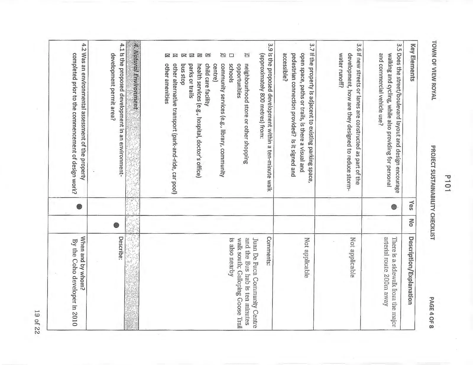 Fourth page of Project Sustainability Checklist covering walkability and the natural environment sections
