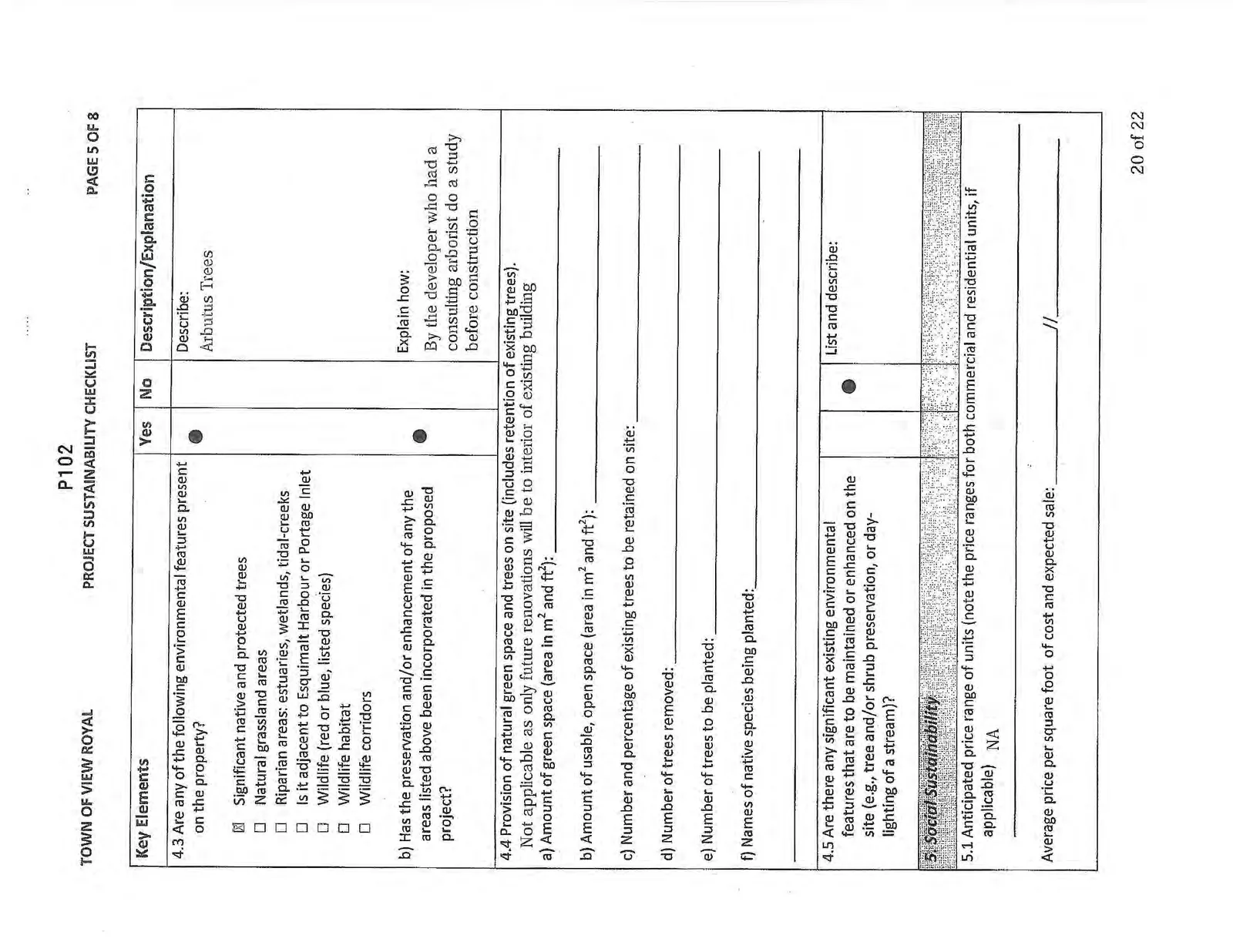 Fifth page of Project Sustainability Checklist covering environmental features and social sustainability sections
