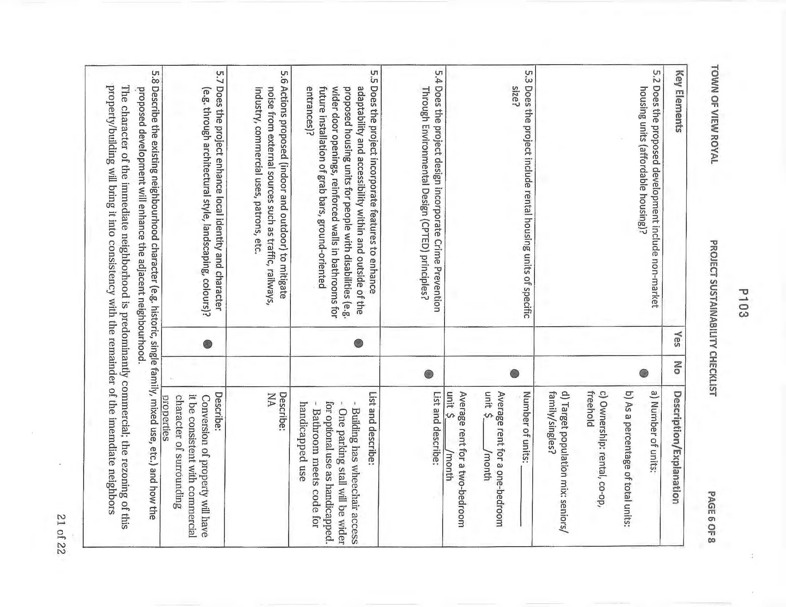 Sixth page of Project Sustainability Checklist covering housing units, accessibility, and neighborhood character