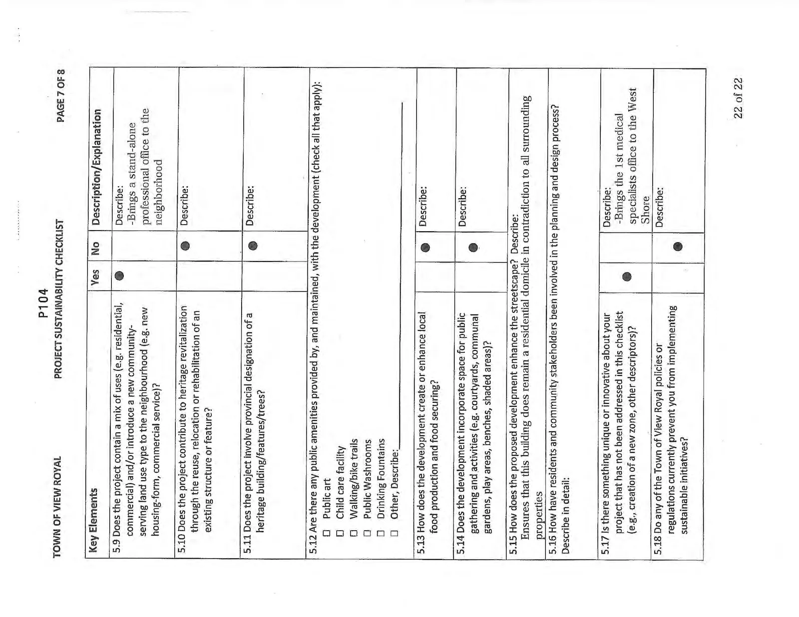 Seventh page of Project Sustainability Checklist covering mix of uses, amenities, and community involvement