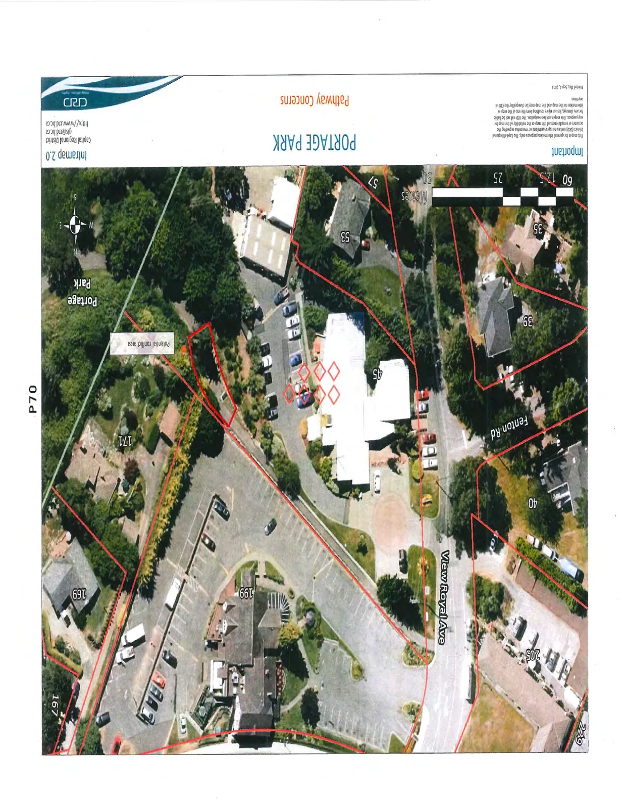 Aerial map of Portage Park showing road layouts for View Royal Ave and Fenton Rd, parcel markers 229, 205, 40, 199, 169, 167, 171, 45, 39, 35, 53, and 57, and a highlighted red polygon labeled "Potential conflict area" adjacent to property 171 and the park.