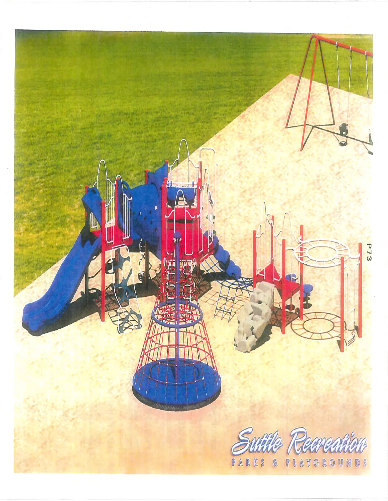 A 3D rendering of a comprehensive playground system featuring a large blue slide, several red and white climbing structures, a blue conical rope climber, a grey rock-climbing wall, and a swing set in the background, all situated on a sand-colored play surface next to a grassy area.