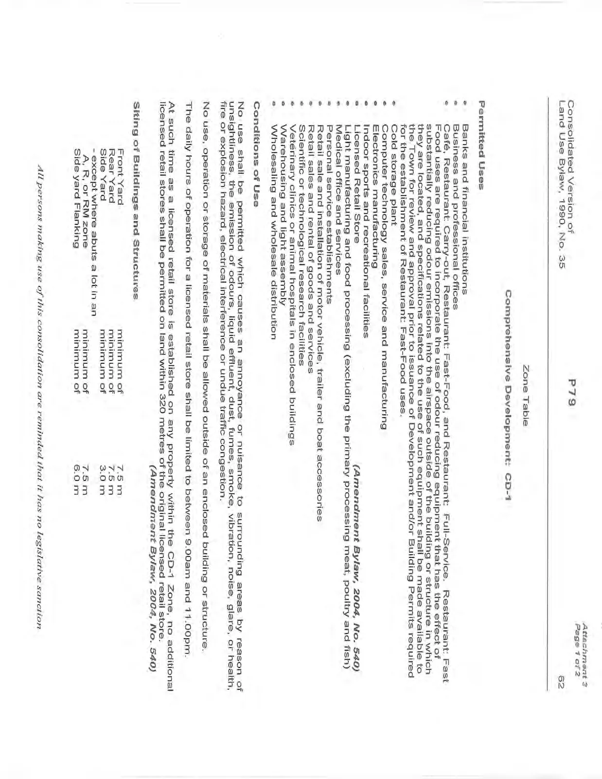 Page 79 of the Land Use Bylaw specifying Permitted Uses, Conditions of Use, and Siting requirements for the CD-1 zone.