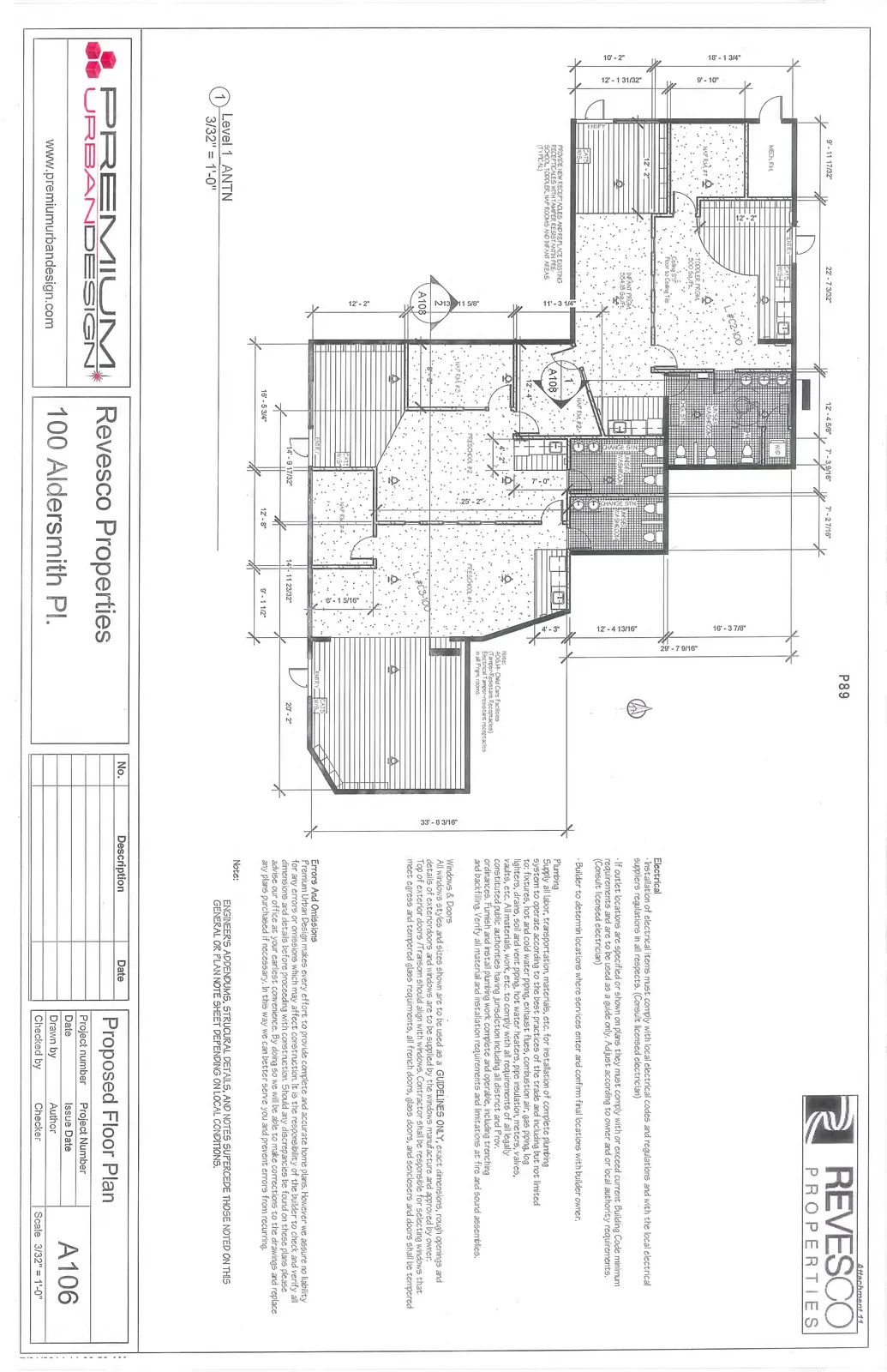 Detailed architectural floor plan for Level 1 ANTN, showing room layouts for Infant Rooms, Preschool Rooms, Washrooms, and entry areas with comprehensive dimensions and annotations.