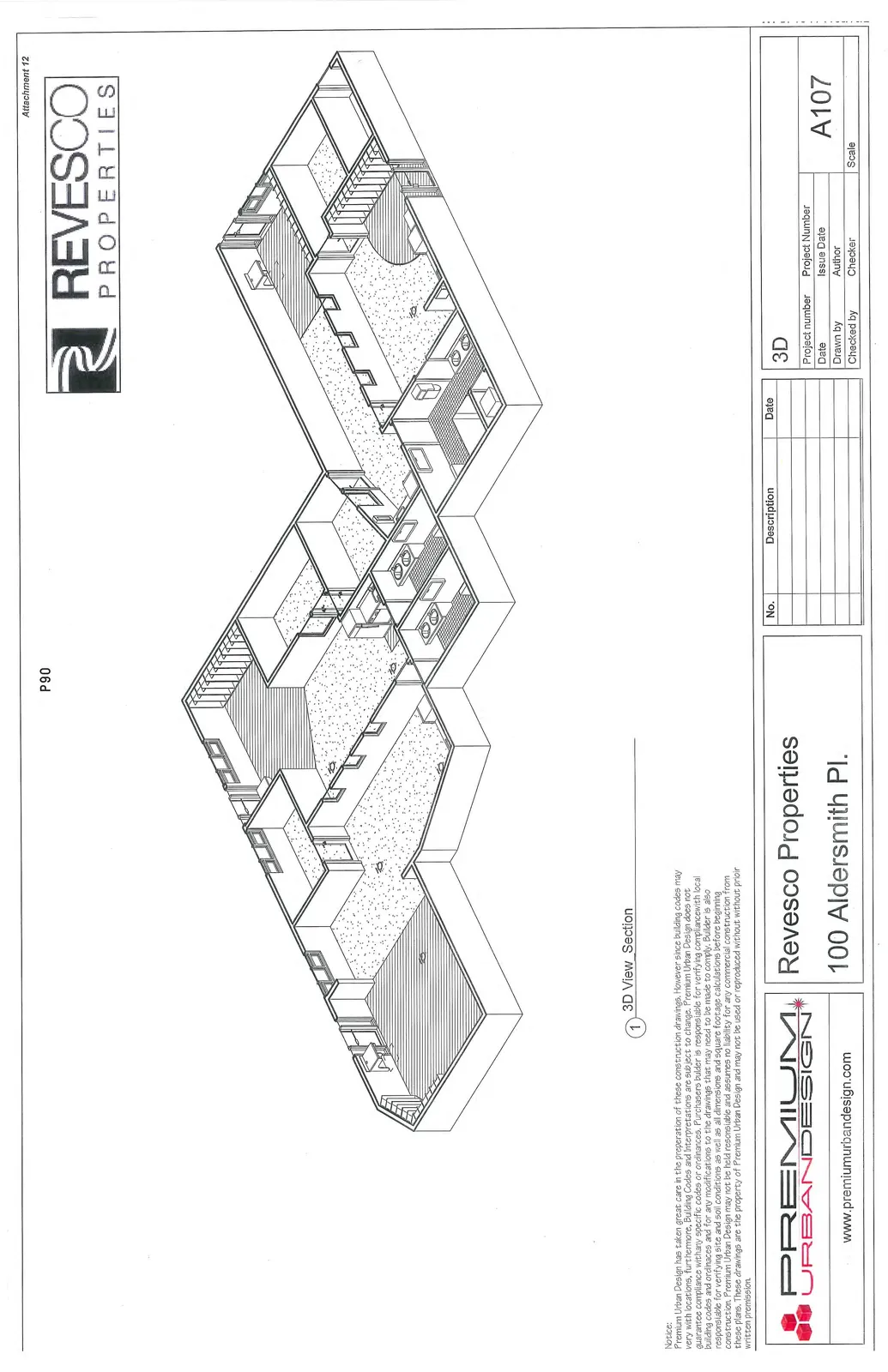 3D isometric sectional view of the building interior, illustrating the spatial relationship between rooms, hallways, and structural elements.