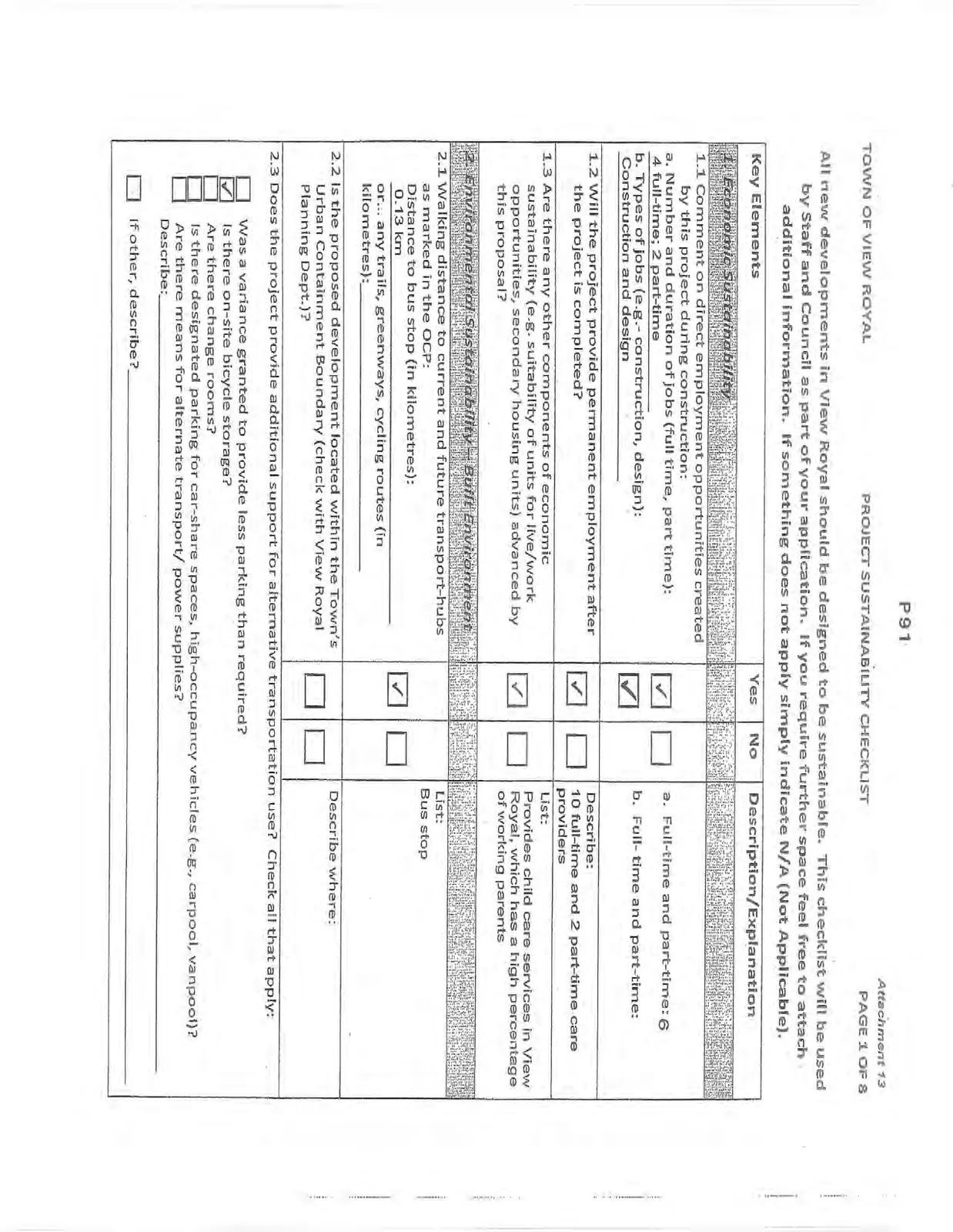Page 1 of the Project Sustainability Checklist covering Economic Sustainability and Built Environment sections