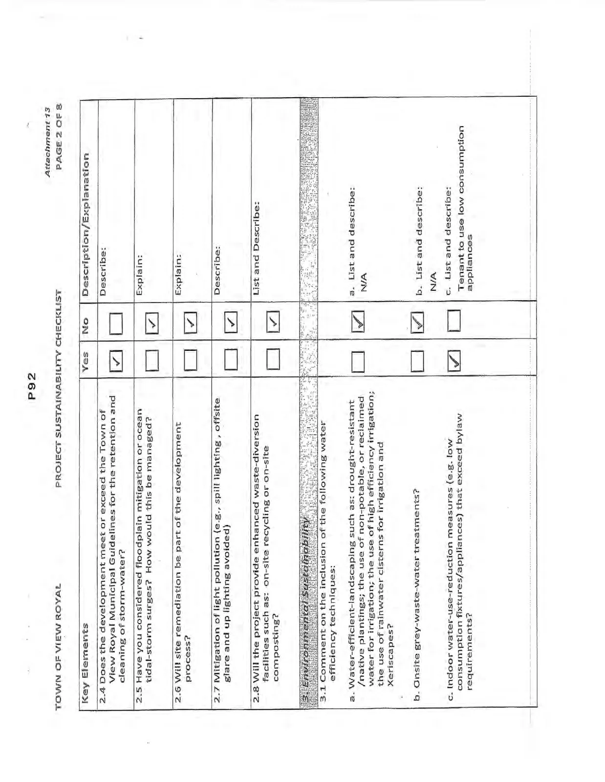 Page 2 of the checklist continuing Built Environment and starting Environmental Sustainability sections